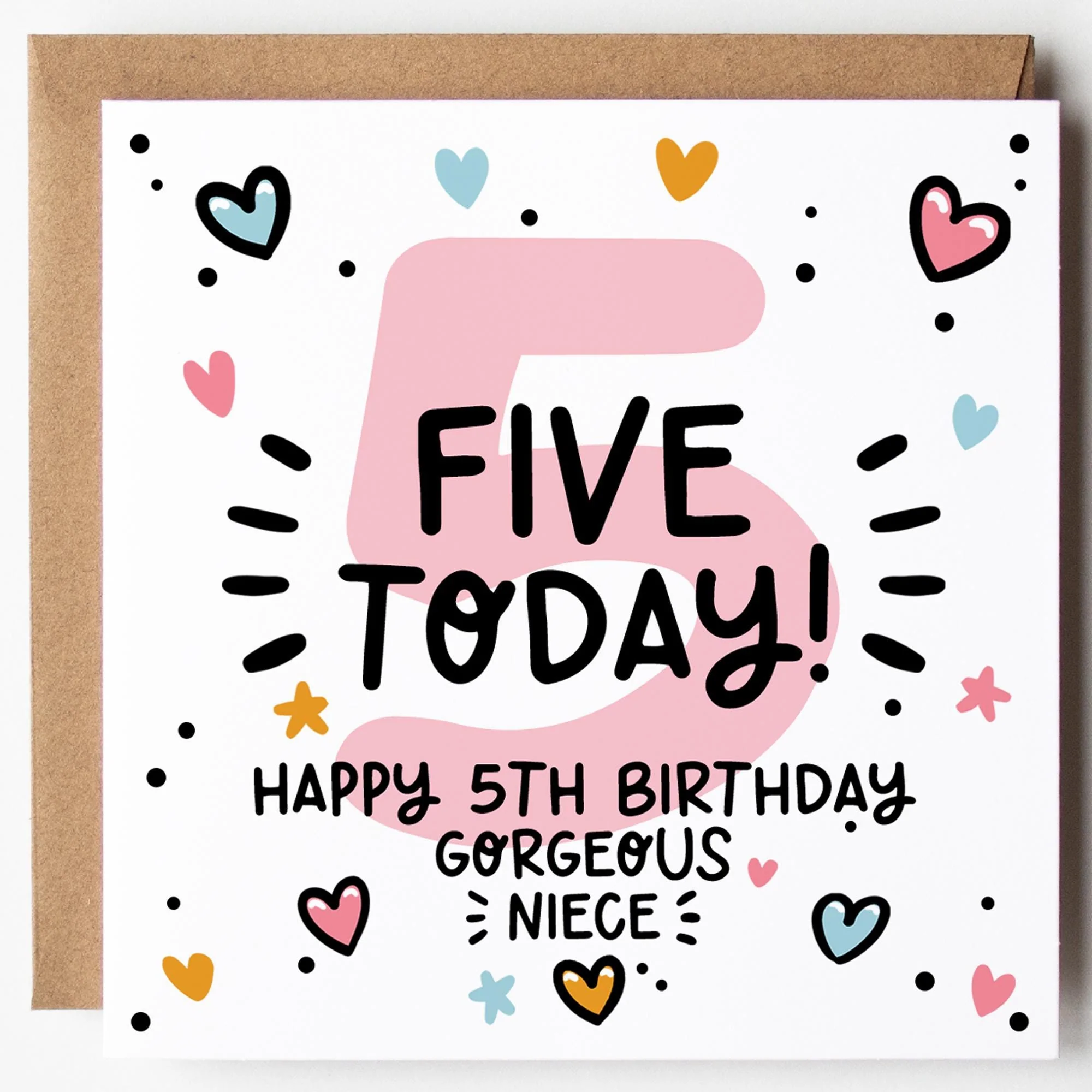 Niece 5th Birthday Card; Five Today, with Kraft Envelope