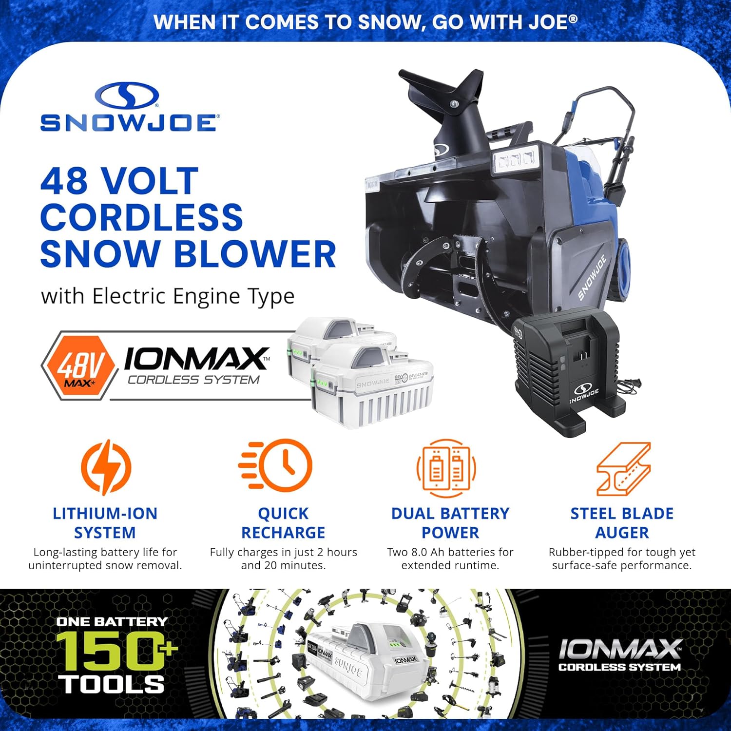 Snow Joe 48V Cordless Snow Blower Kit with 2X 8Ah Batteries  Dual-Port Charger & LED Headlights  1600W Brushless Motor  22