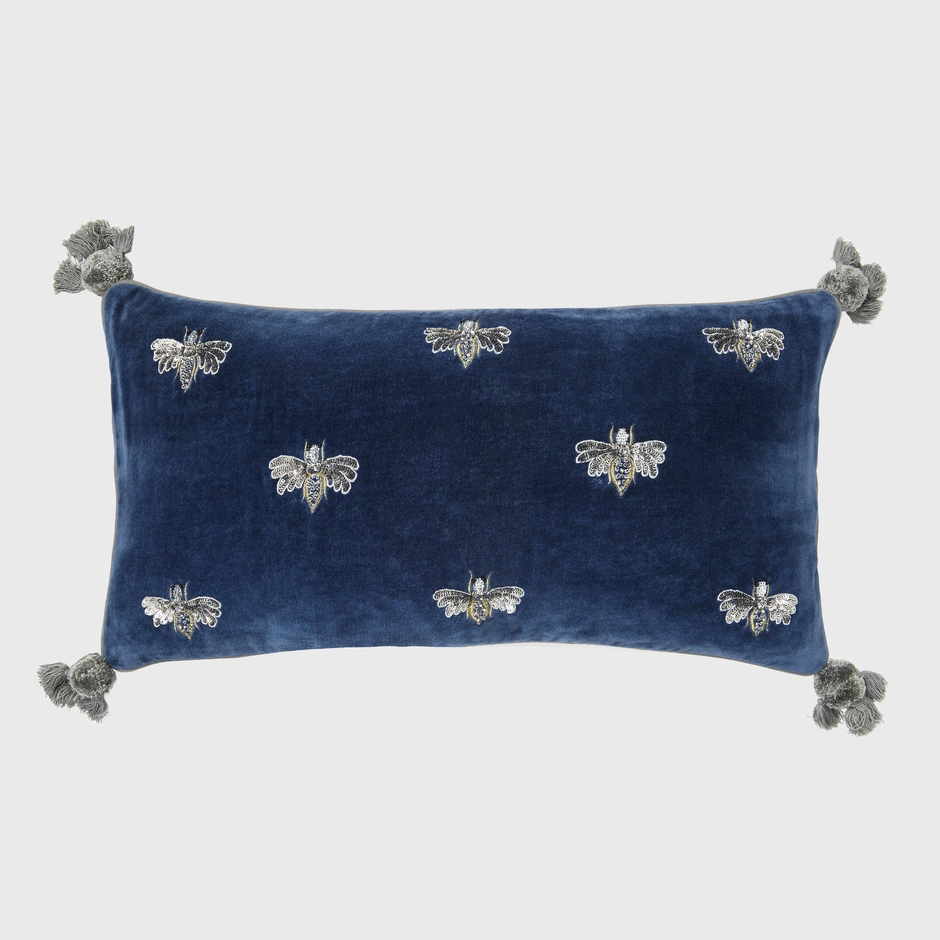 Embroidered Pretty Bug Pillow, Slate Blue