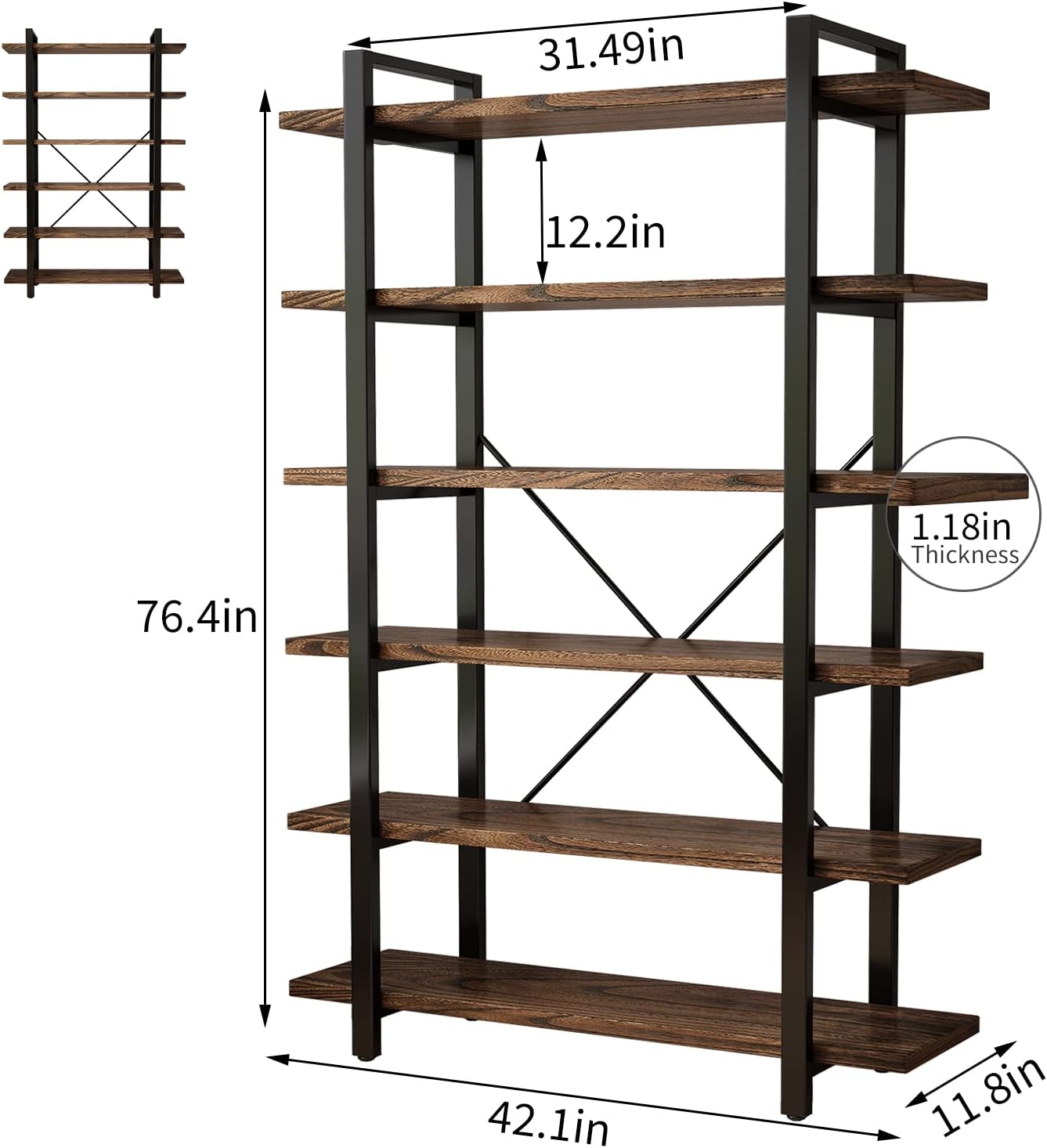 Solid Wood Bookcase and Book Shelves Wood and Metal Shelving Unit 6 Tier Bookshelf Modern Rustic Open Bookshelf Office,Distressed Brown (AY-02-6Tier)