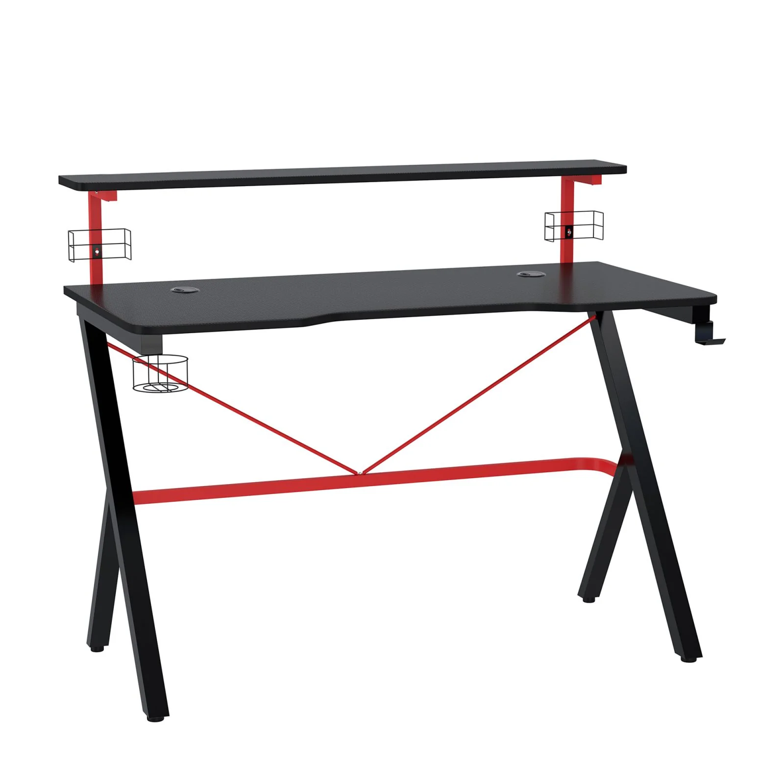 Easycomfort Scrivania da Gaming con Ripiano Monitor, Scrivania per Computer Porta PC con Gancio e Portabicchieri Nera e Rossa, 120x60x97cm