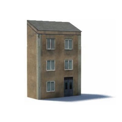 Background Terrace House (tan, 3 level, 5 windows, gray sloped roof)