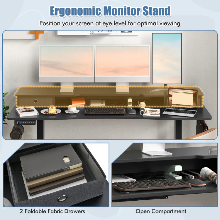 Electric Standing Desk with 2 Drawers, 3 Memory Positions, 63