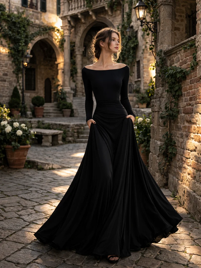 Women��s Elegant Draped Maxi Dress with Long Sleeves
