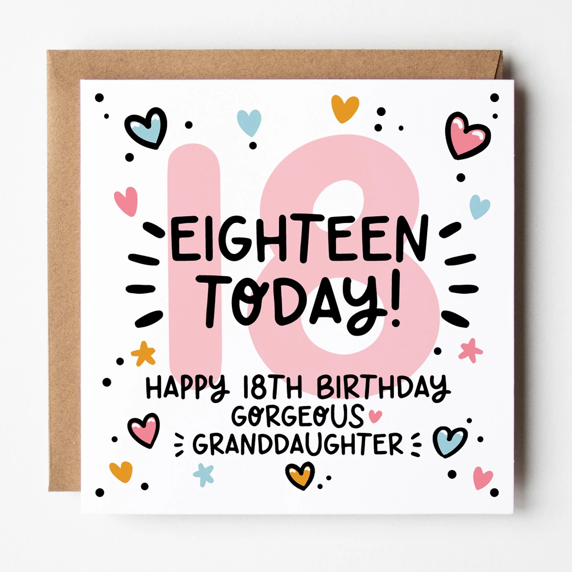 18th Birthday Card for Granddaughter: Pink 18, Actual Adult with Hearts and Kraft Envelope