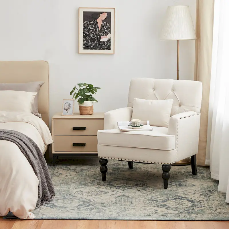 Set of 2 Arm Chair Upholstered Button Tufted Accent Chair with Lumbar Pillow Beige/ Grey/ Light Blue