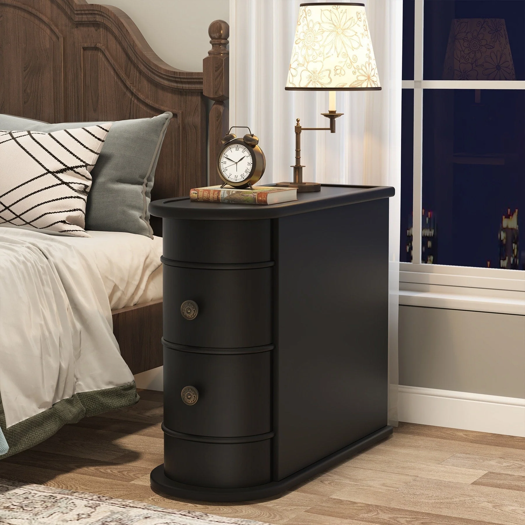 Solid Wood Chairside End Table, Two-Drawer Narrow Side Table Slim
