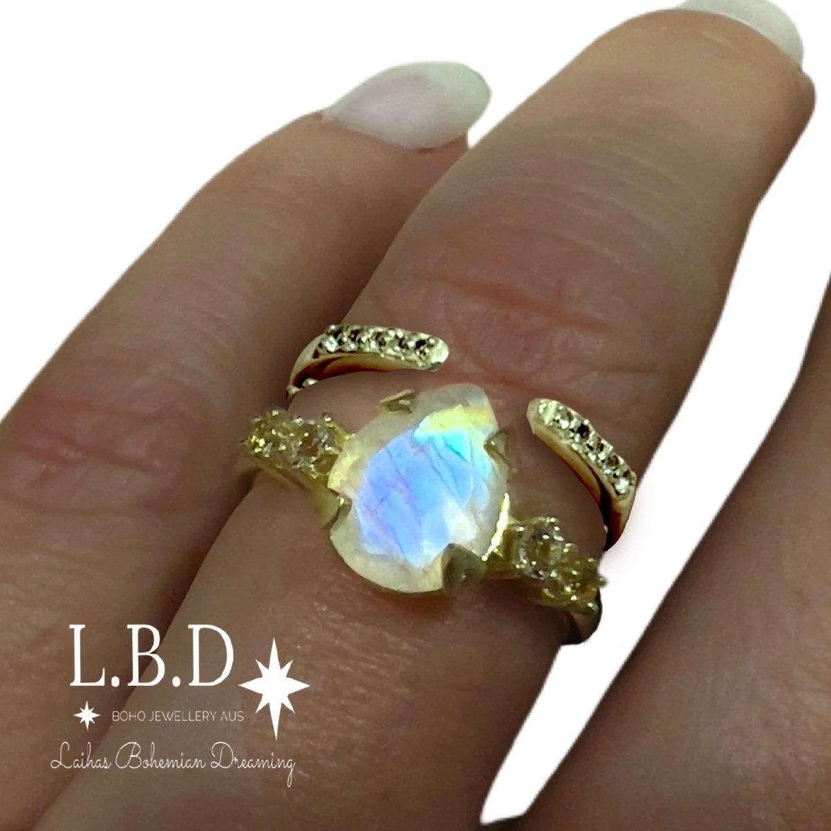 Gold Moonstone Ring Set- Gold Mystical Moonstone and Topaz Ring Set