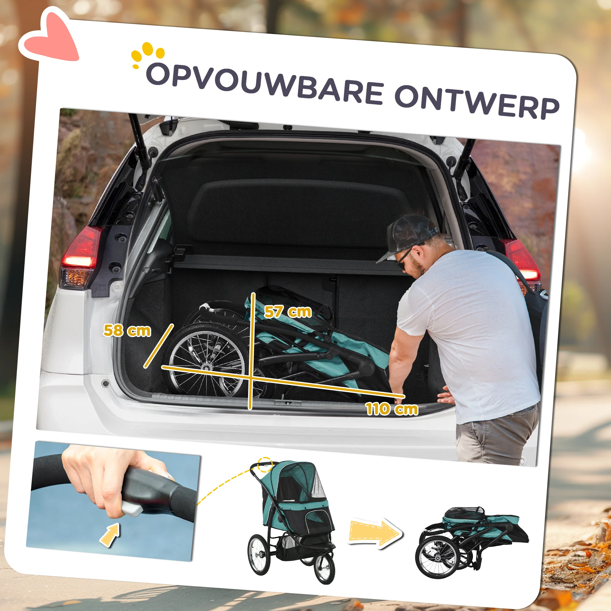PawHut Inklapbare Hondenbuggy met Zonnescherm, Netramen, Opbergmand, Donkergroen, 111 x 58 x 107 cm
