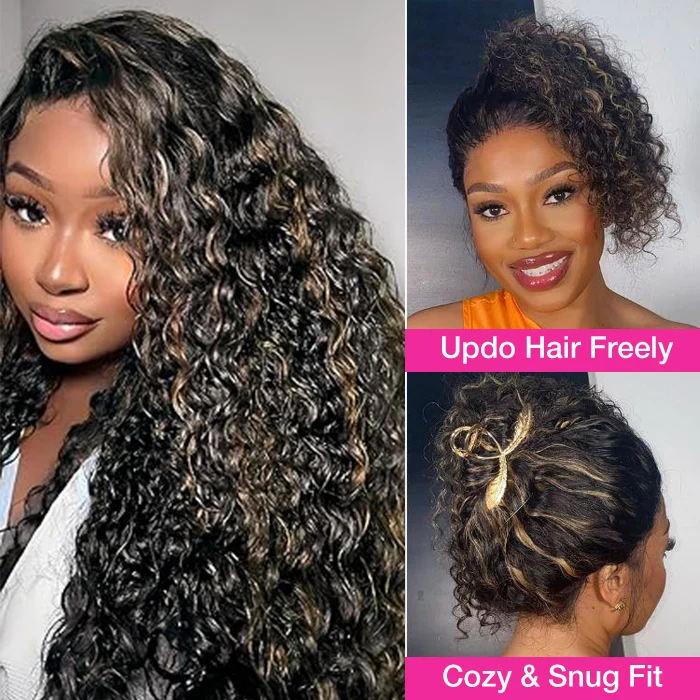 Blonde Highlight Water Wave Pull & Go Hidden Strap 360 Skin Lace Frontal Wig Balayage Highlight Pre-cut & Pre-bleached Human Hair Wig Cozy & Sung Fit
