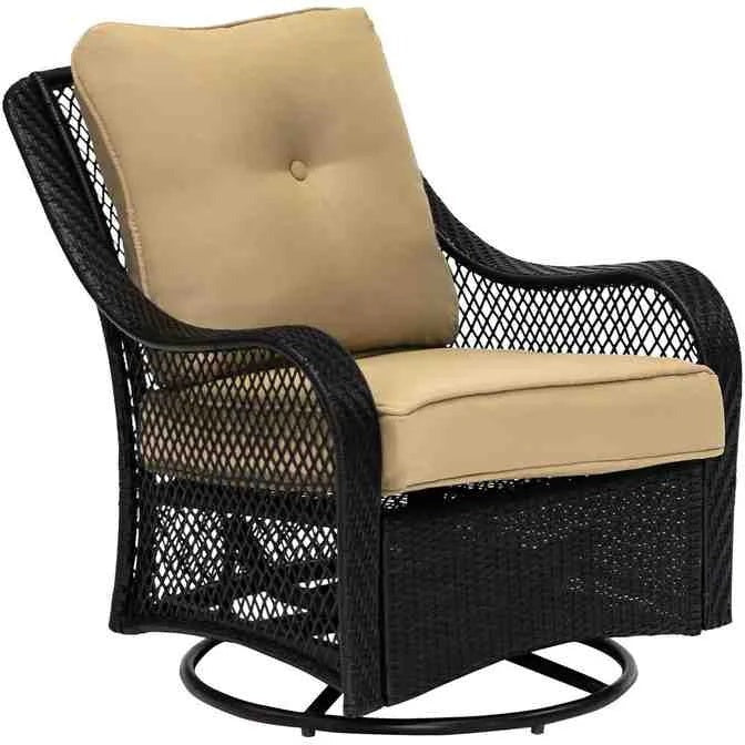 2025 5-piece steel patio fire pit seating set with navy blue cushions, swivel gliders and square fire pit table