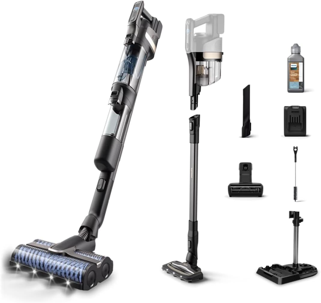 Philips AquaTrio 9000 Aspirapolvere Lavapavimenti Senza Fili, Aspirabriciole, per Polvere, Macchie, Liquidi e Animali domestici, Spazzole AquaSpin ad Alta Velocità, Sistema di Autopulizia (XW9463/11)