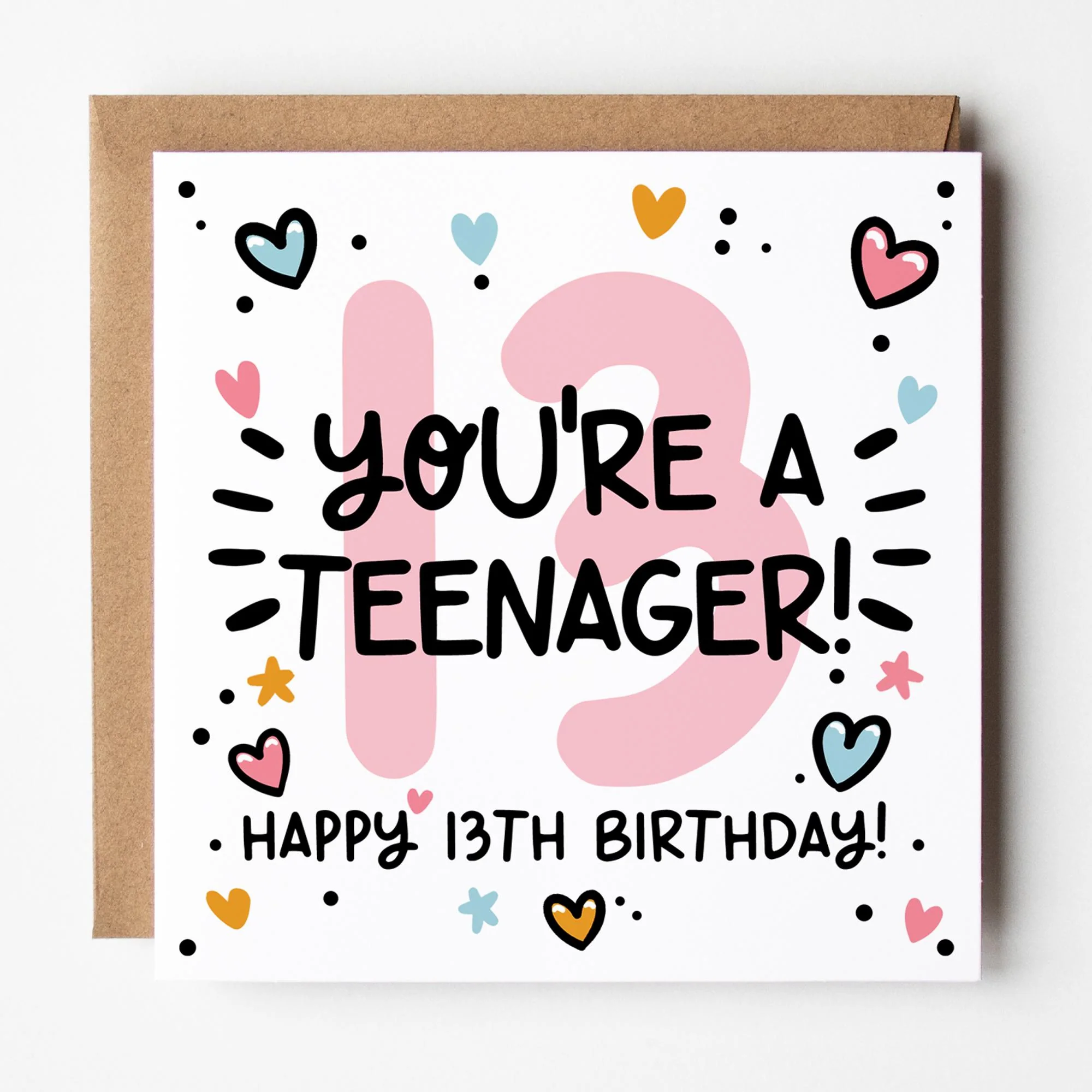 13th Birthday Card for Girls: Pink 13, You're A Teenager with Hearts and Kraft Envelope