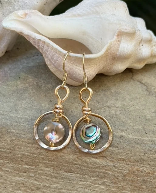 Simple Abalone Gold Hammered Hoops