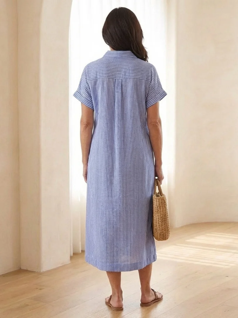 Women��s Striped Midi Dress Button Front Short Sleeve Casual Summer Style