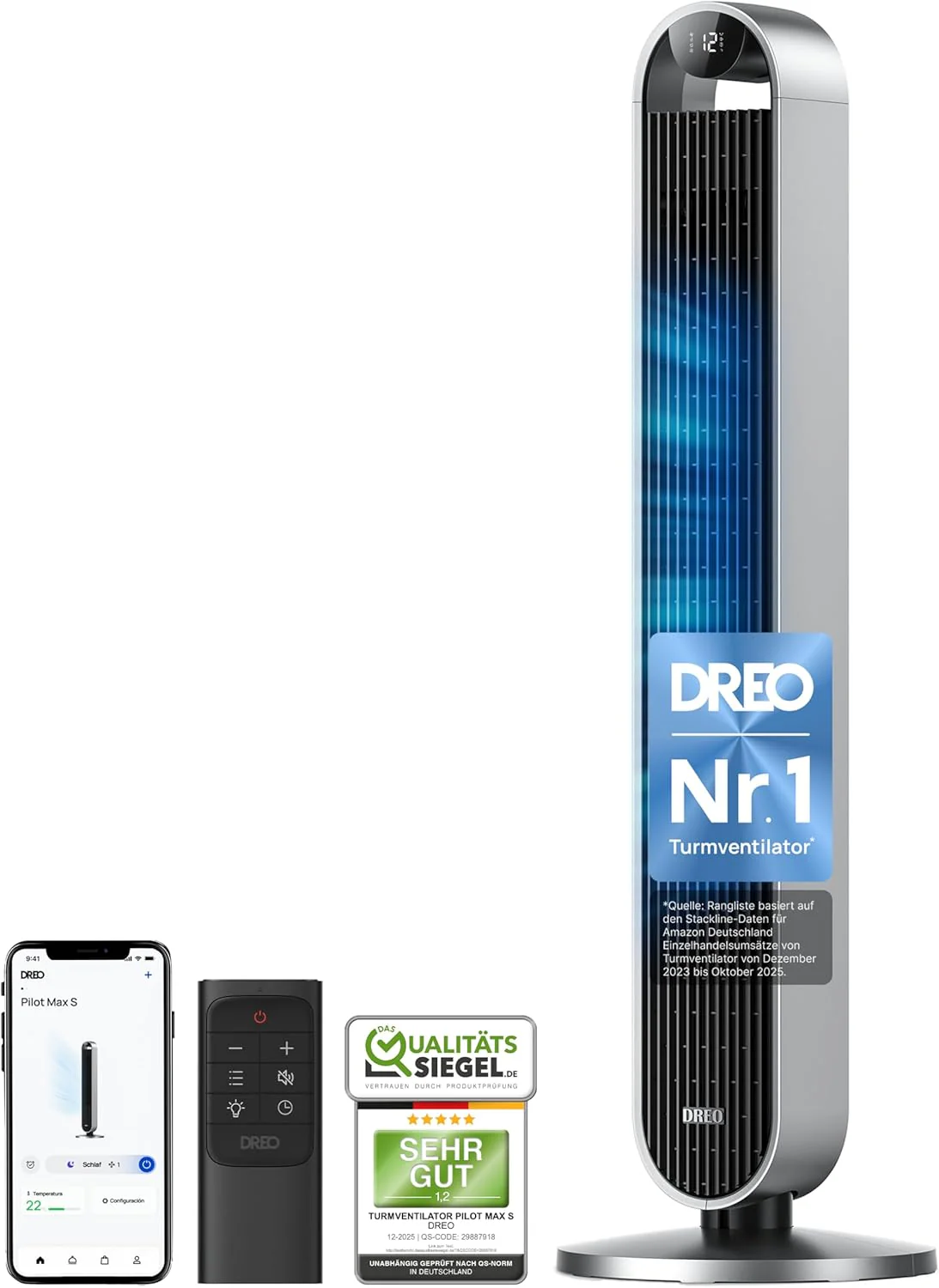 DREO Intelligens toronyventilátor extra csendes, 120° oszcilláló ventilátor hűtéssel, 25dB álló ventilátor távirányítóval hálószobába, 12 sebességfokozat, 4 üzemmód, 12 órás időzítő, Pilot Max S