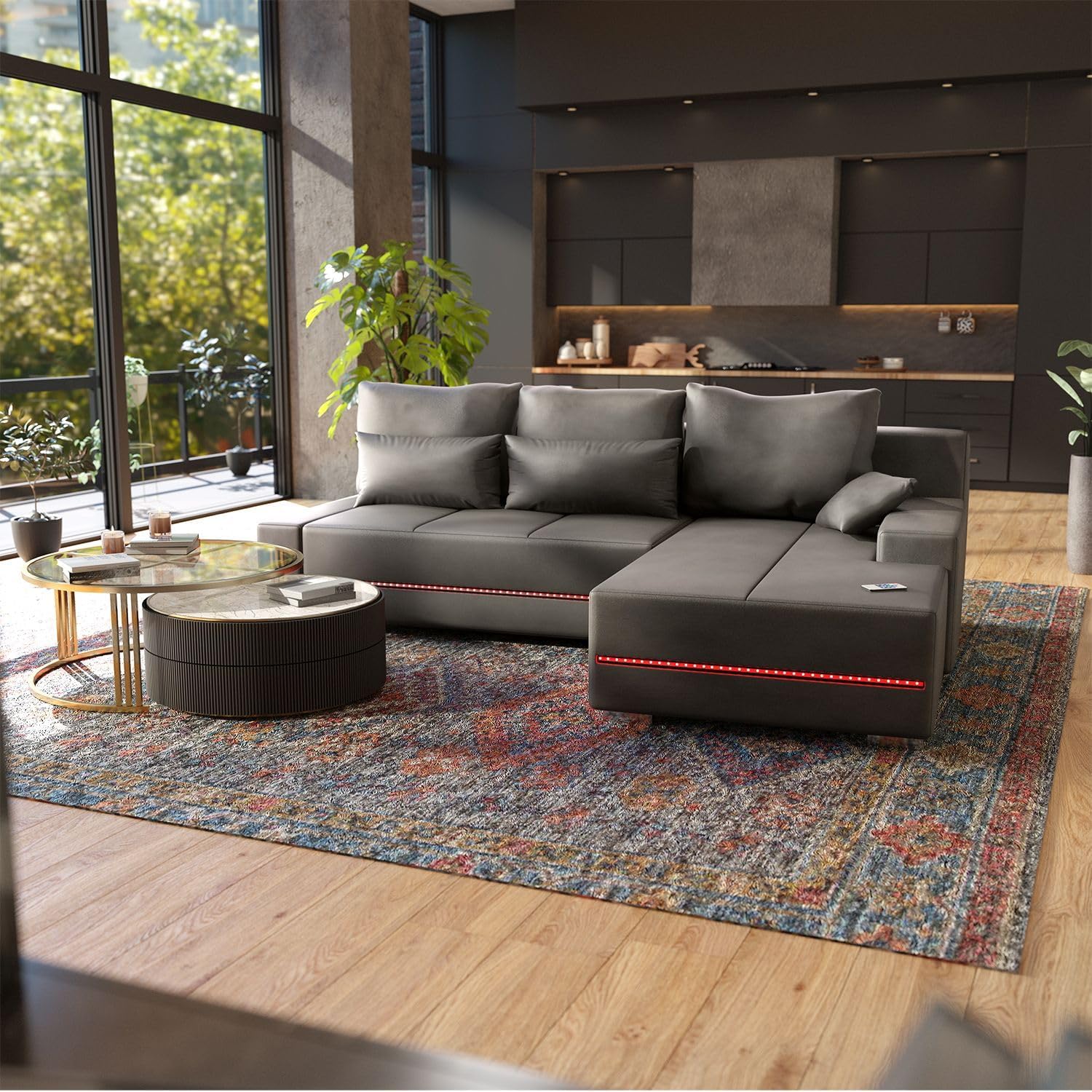 Juskys Sofa Davos Rechts mit Schlaffunktion - Ecksofa für Wohnzimmer mit Bettkasten & LED - Stoff Schlafsofa L Form Couch Beleuchtung - Hellgrau