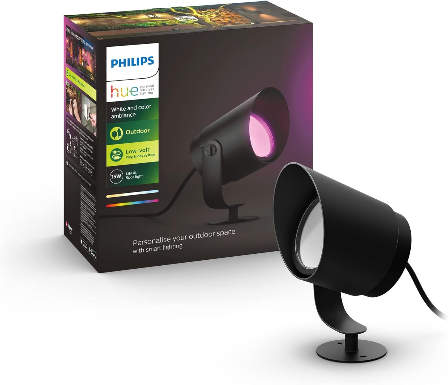 Philips Hue White & Color Ambiance Lily Gartenspot [nur Erweiterung], erfordert Hue Bridge + Base Kit (separat erhältlich), funktioniert mit Alexa, Google Assistant und Apple Homekit