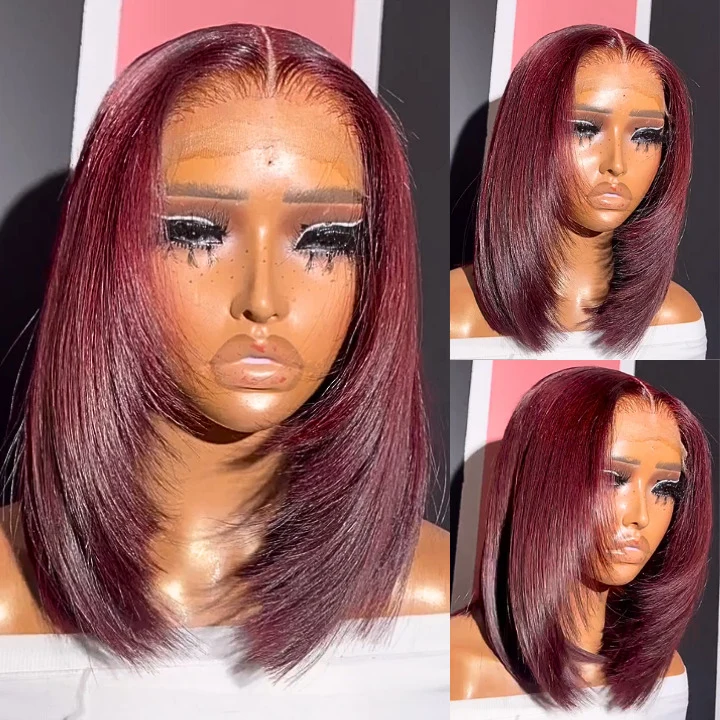 99J Color Layered Cut Glueless Lace Front Wig Short Straight Virgin Human Hair Bob Wigs For Women