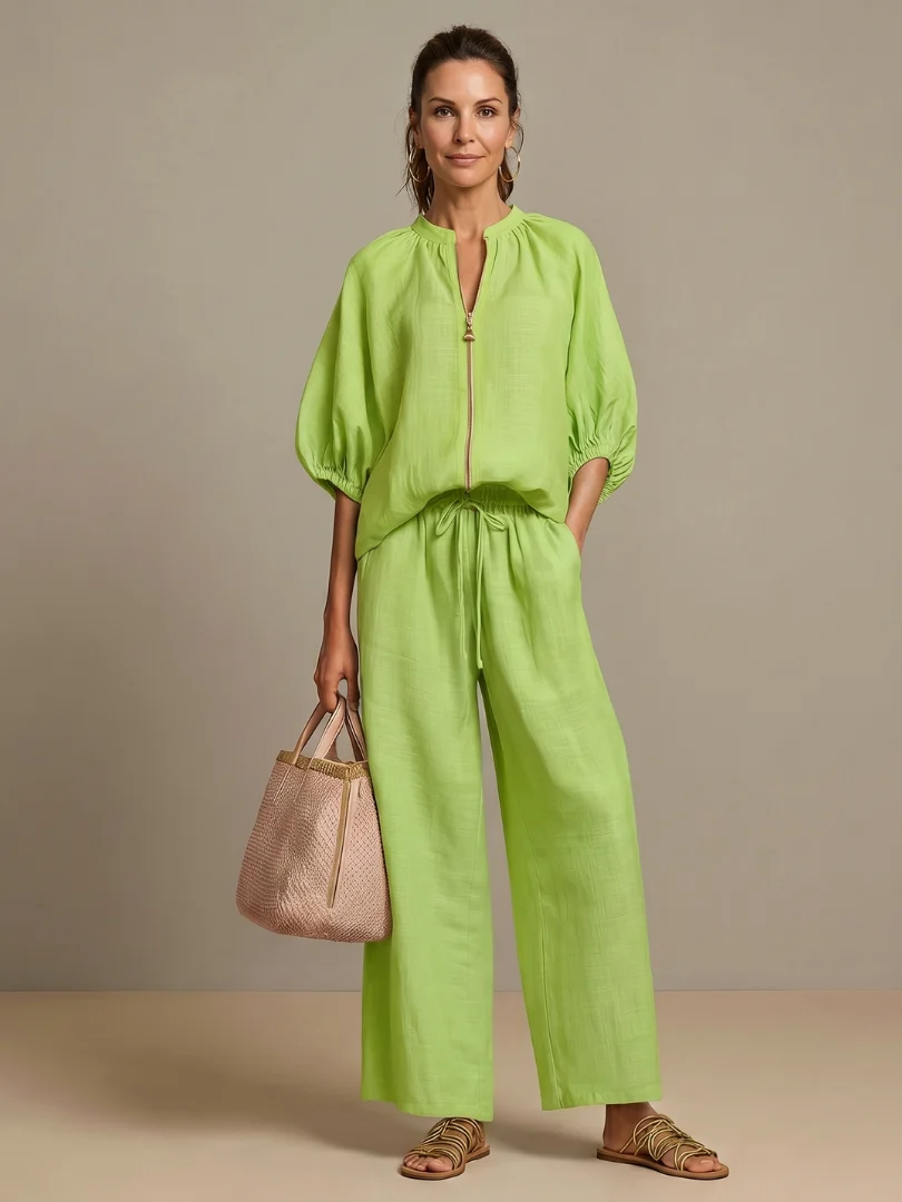 Women��s Two-Piece Zip Front Blouson Top and Wide Leg Trousers Set