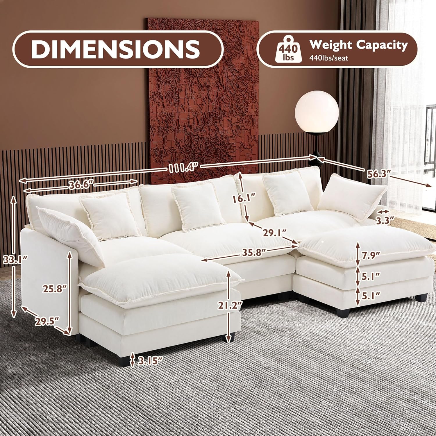 111.4 Inch L-Shaped Modern Sofa Modular Cloud Sofa Ottoman 4-Seater Chenille Deep Seat Sofa