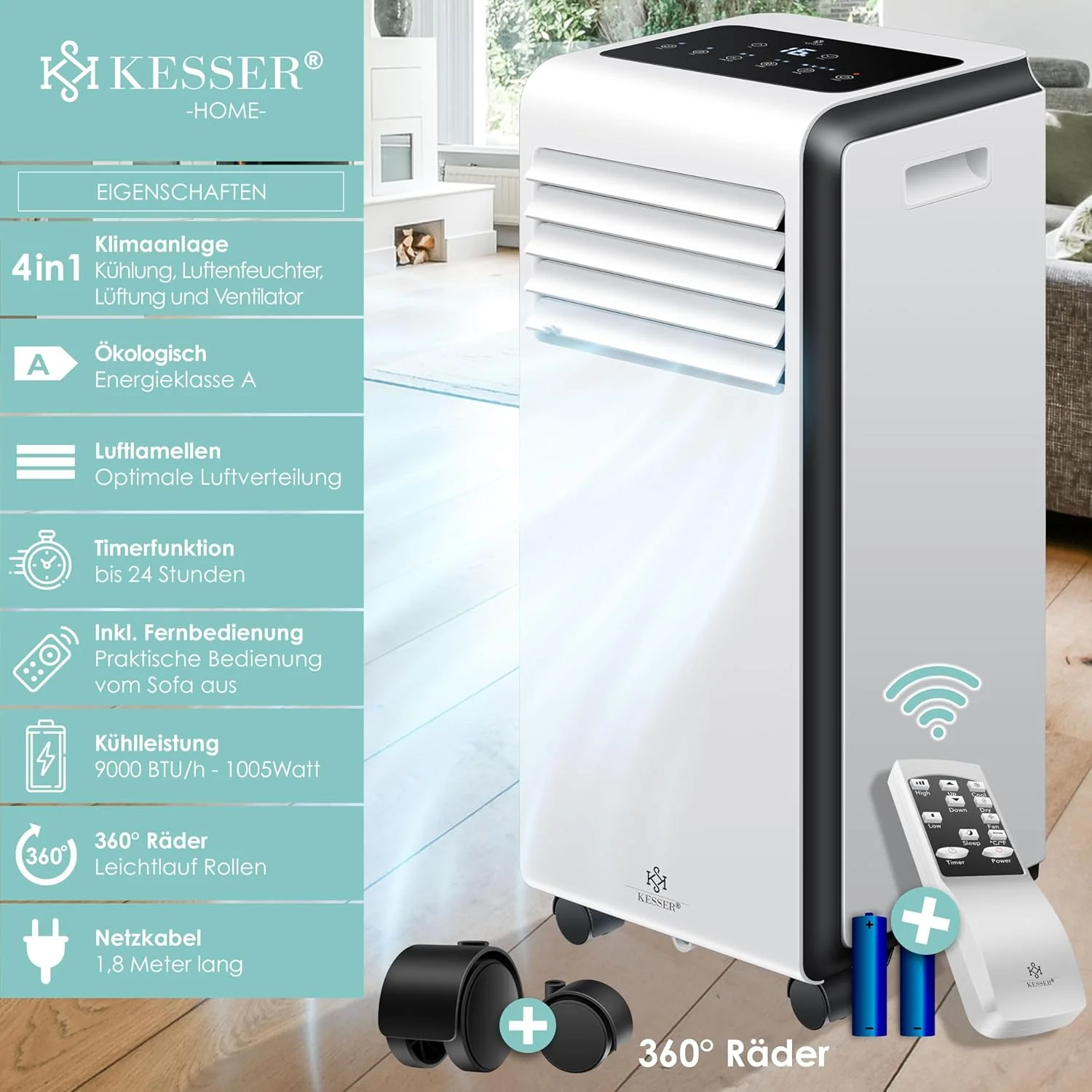 KESSER® Mobil klíma 4 az 1-ben hűtés | páramentesítés szellőztetés | ventilátor 9000 BTU/h 1005W | Mobil klímaberendezés szerelési anyaggal, távirányítóval és időzítővel | Éjszakai üzemmód és 360°-ban forgó kerekek
