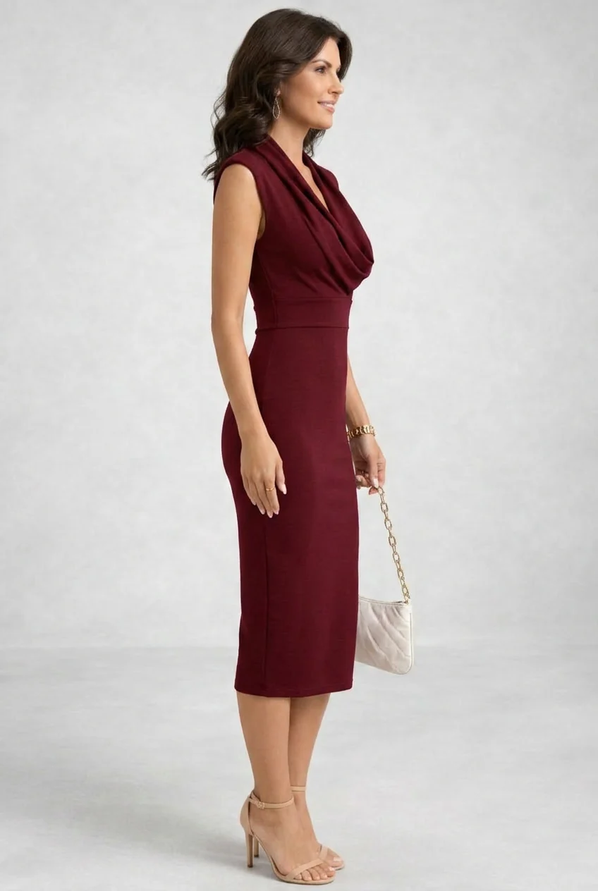 Womena??s Elegant Midi Dress Cowl Neck Sleeveless Design in White and Black