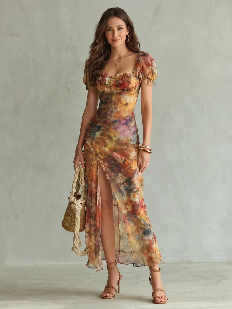 Womena??s Midi Dress Lightweight Ruffled Sleeves and Ruched Bodice