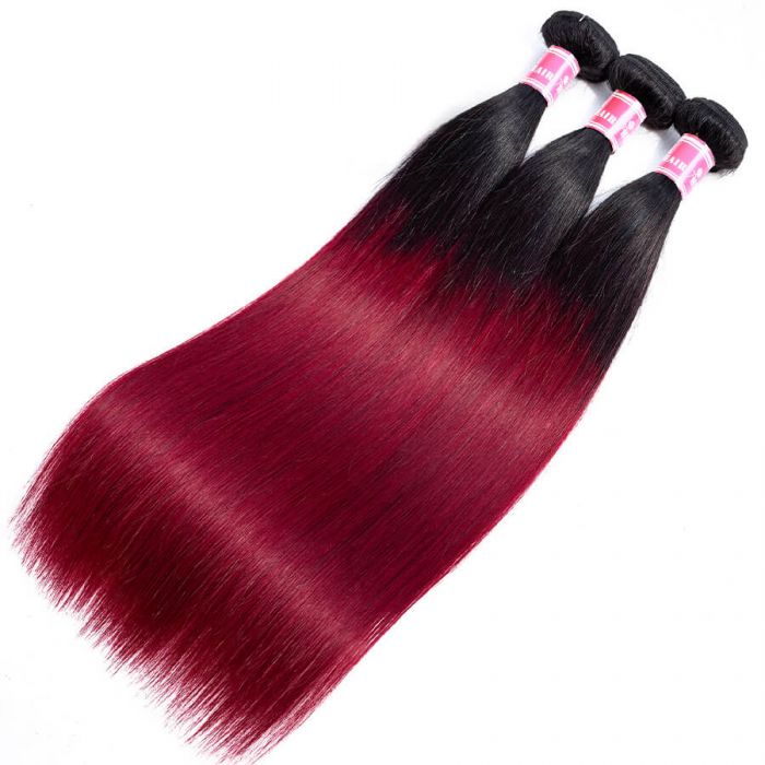 Burgundy Ombre Hair 1B/99J Straight Human Hair 3 Bundles 100% Virgin Hair Weave