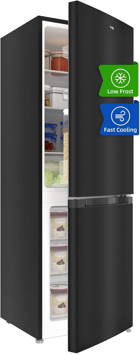 CHIQ Freistehender Kühlschrank mit Gefrierfach 157L (109L/48L) | Auto-Drain, 4-Sterne-Gefrierschrank | 47 cm B | LED Licht, Flexible Anpassung, Türausrichtung Wechselbar | Schwarz Inox
