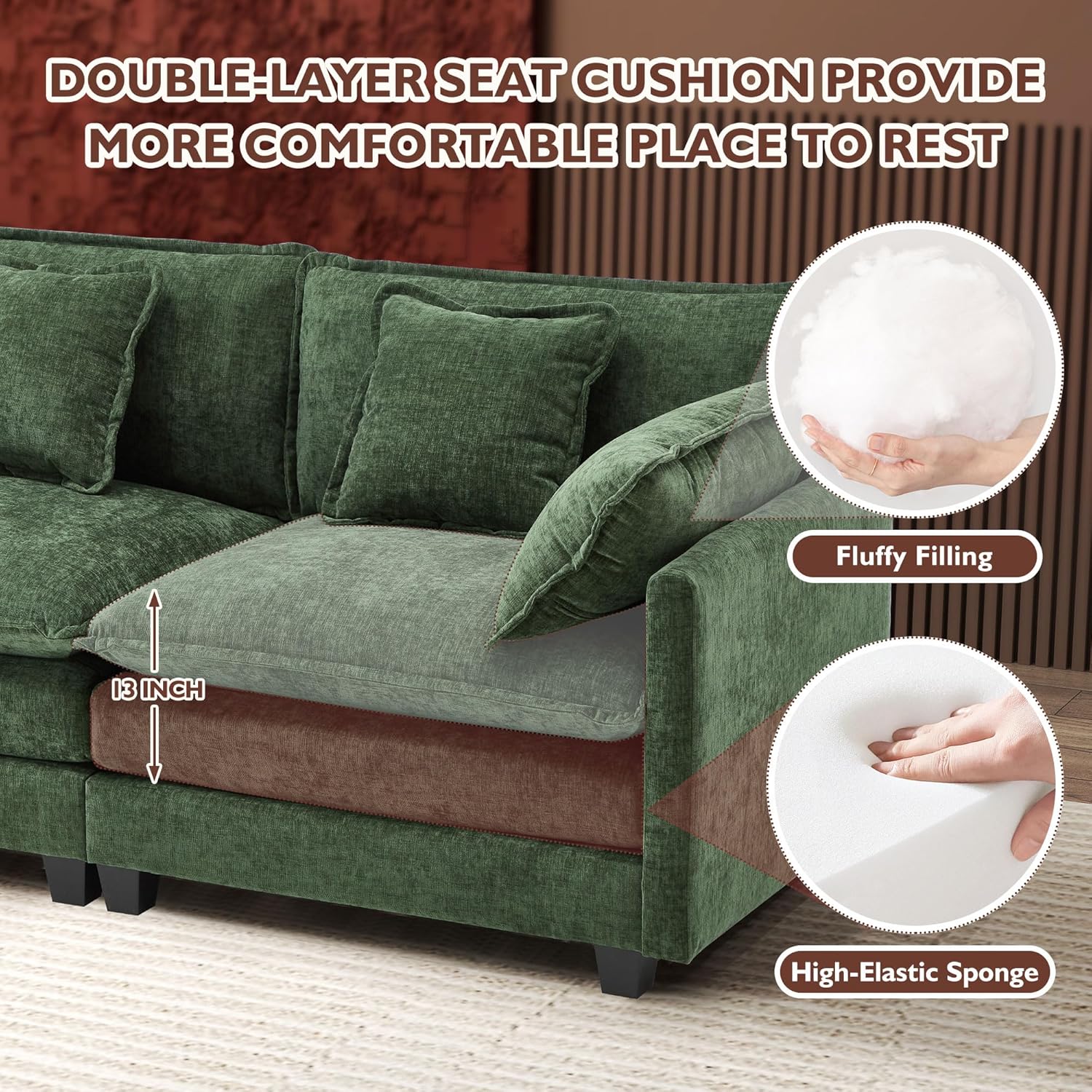 111.4 Inch L-Shaped Modern Sofa Modular Cloud Sofa Ottoman 4-Seater Chenille Deep Seat Sofa