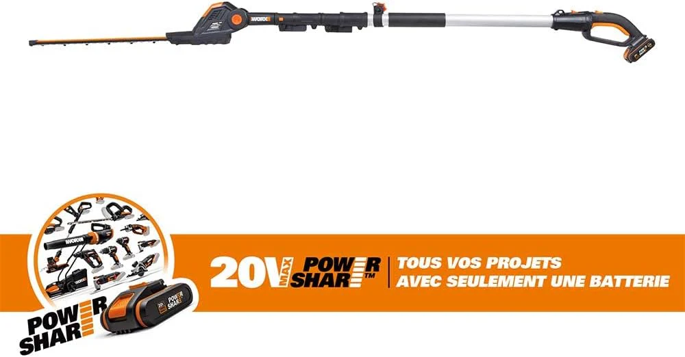Worx 18V(20V MAX) Tagliasiepi telescopico a batteria WG252E, 2,0Ah, PowerShare, lame diamantate tagliate al laser, caricabatterie rapido da 1 ora