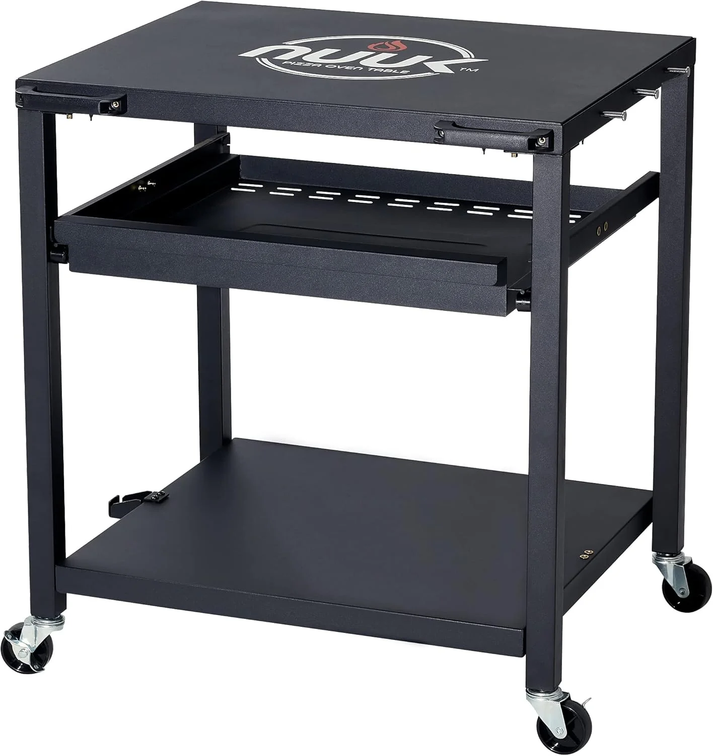 NUUK Outdoor Pizza Oven Table, Heavy Duty Rolling Prep Station with Three Shelves, 24′′x30′′, Stainless or Solid Steel