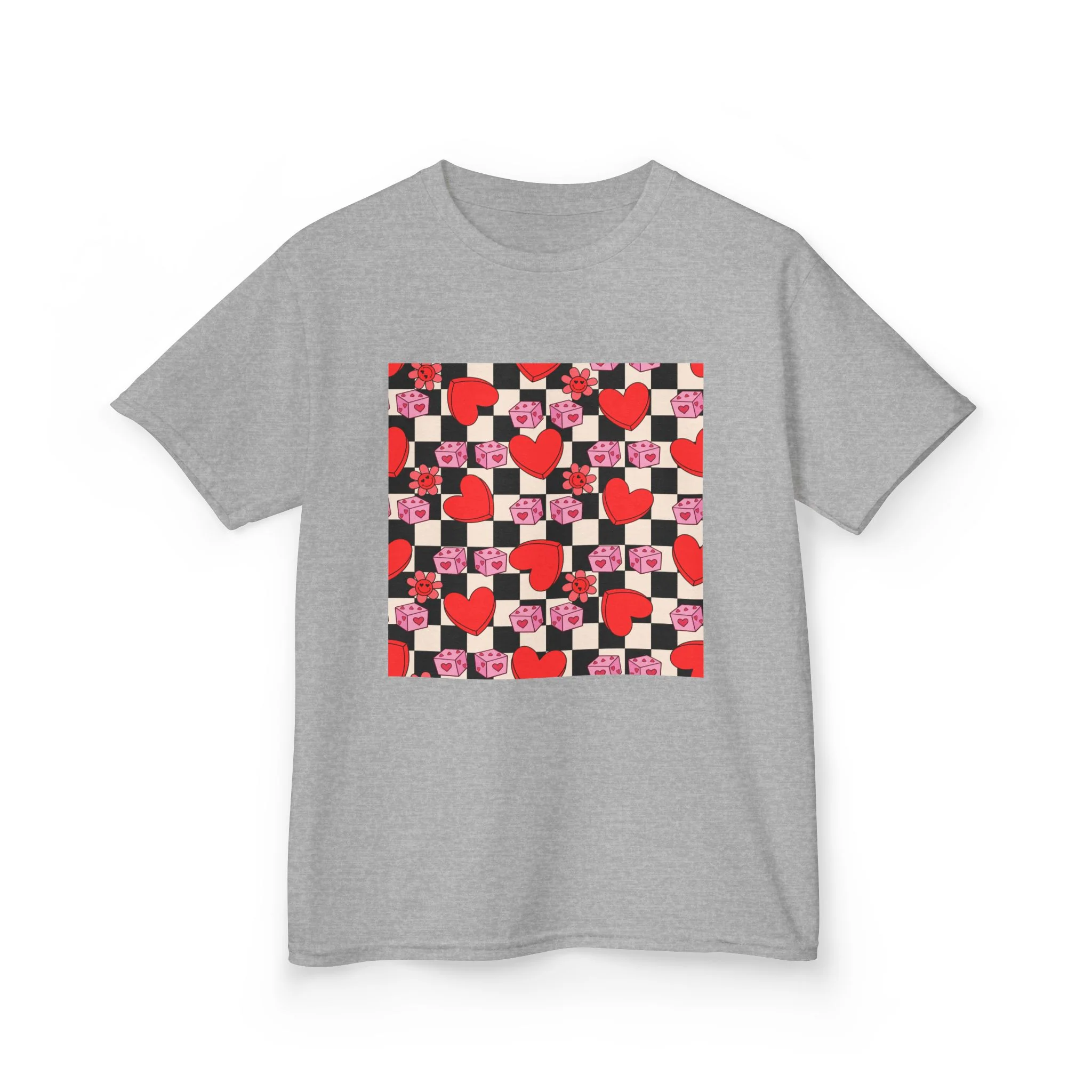 Checkerboard Hearts Kids Tee | Red Pink Black Heart Pattern