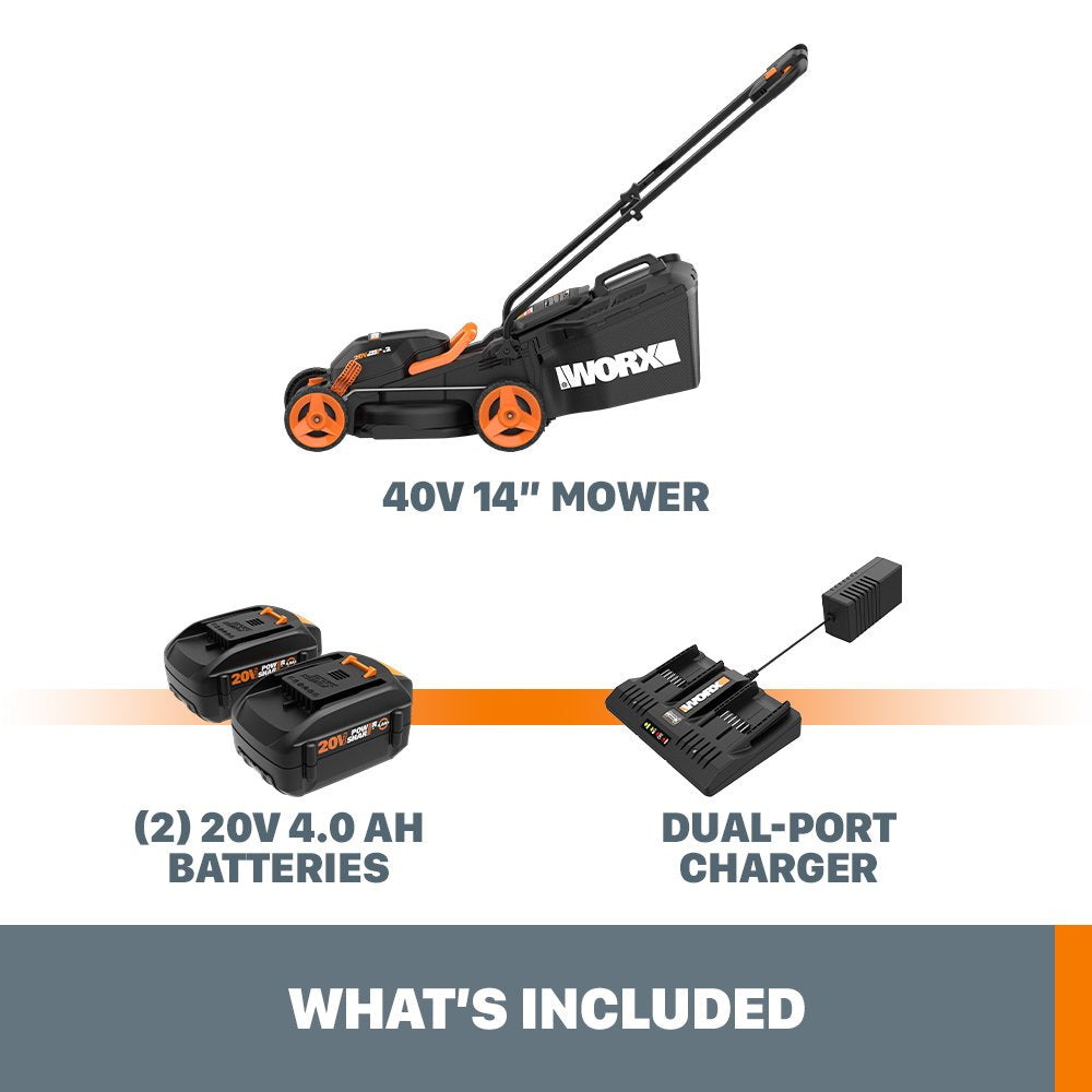 Worx 40V Cordless Lawn Mower 14′′ with Intellicut, Mulching, 2x20V 4.0Ah Batteries and Charger Included