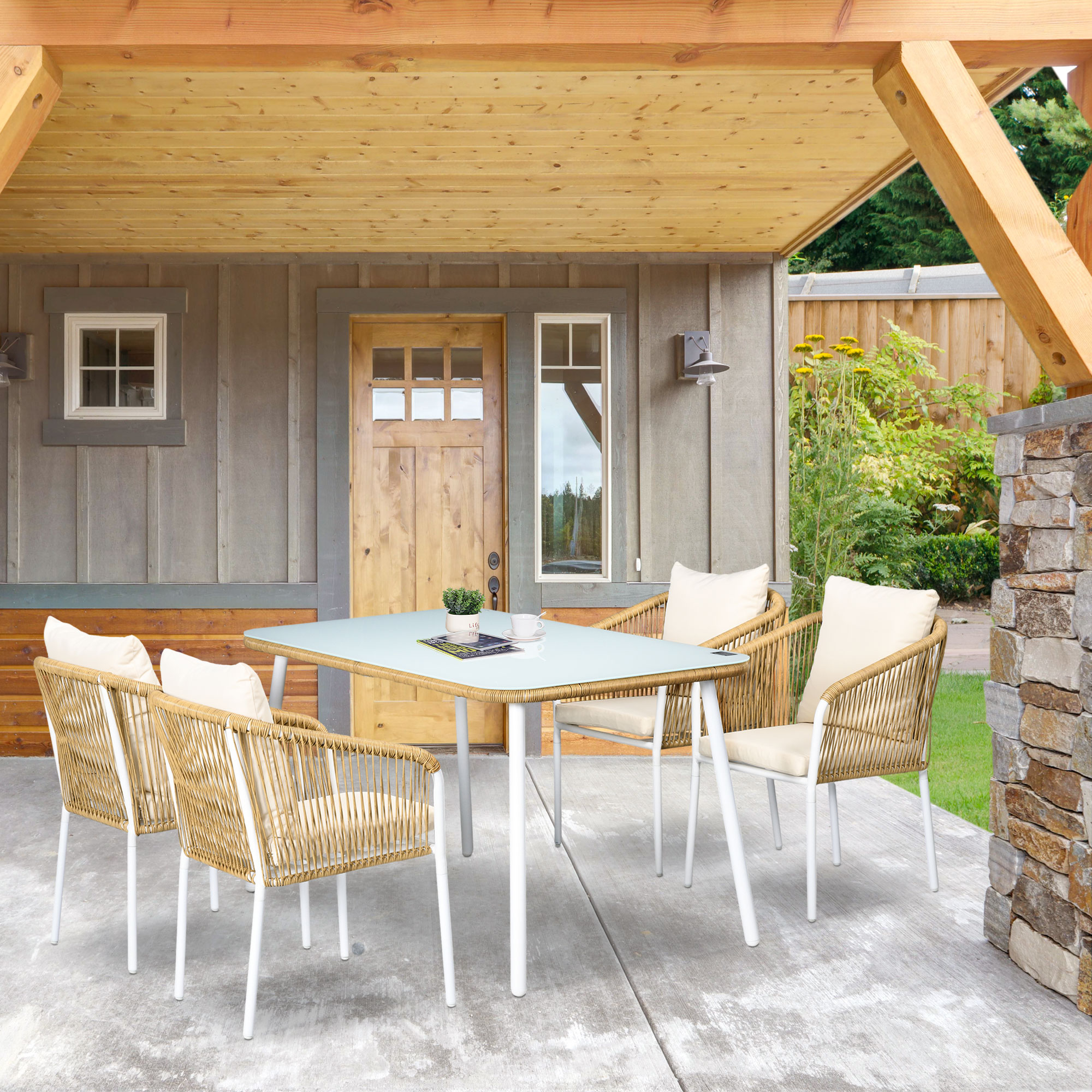 Tuinset, 5-delig, Rattanlook, Zit- & Rugkussens, roestvrij Alu-frame, Geel/Wit/Beige