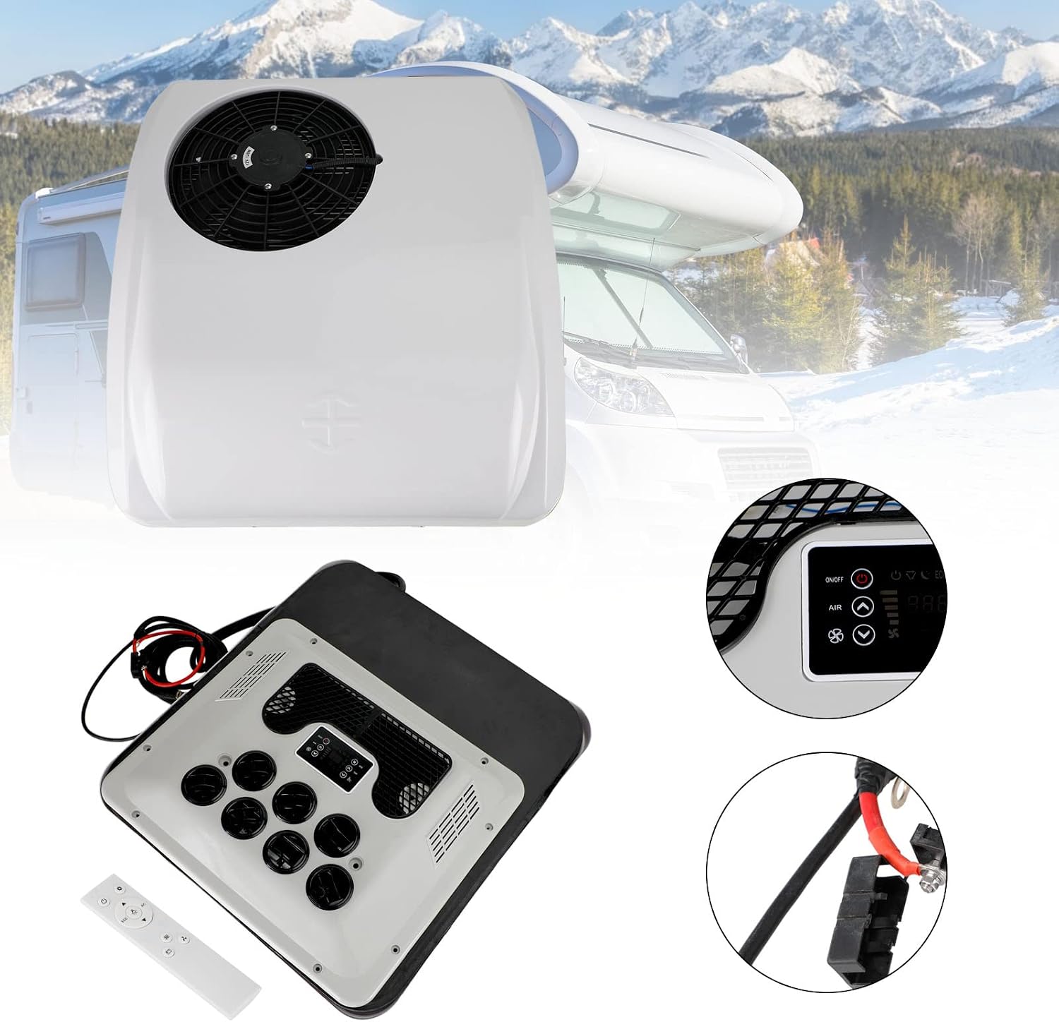 12V Standklimaanlage Dachklima mit Heizfunktion–2200 W Kühlen / 1000 W Heizen,für LKW/Truck-Kabine,Wohnmobil/RV,Van–R410A,Fernbedienung,Aufdach/Heckwand-Montage,bis 8 m³,3 m Kabel