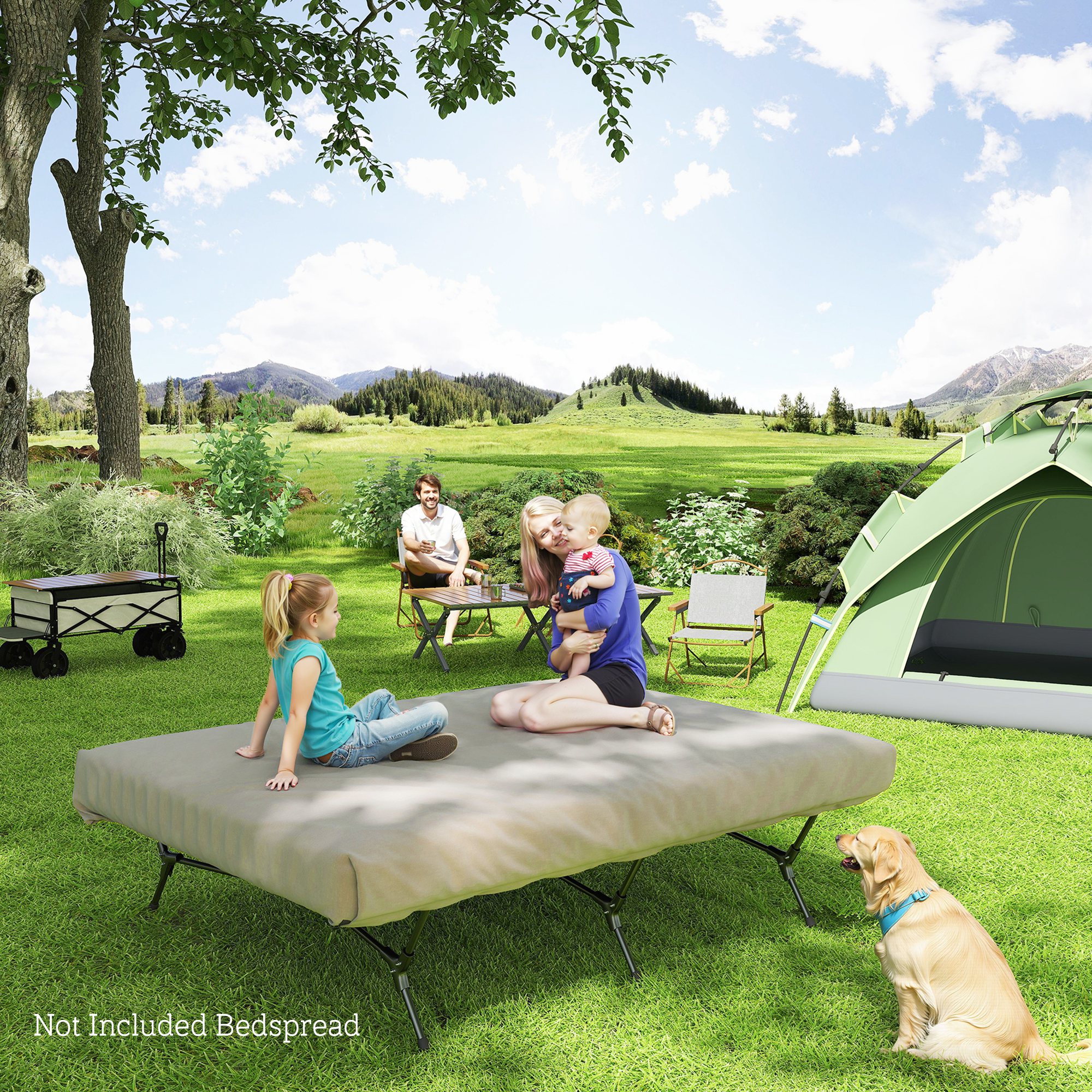 Outsunny Veldbed Kampeerbed met Luchtmatras en Pomp 200 x 153 cm Draagvermogen tot 200 kg Zwart+Khaki