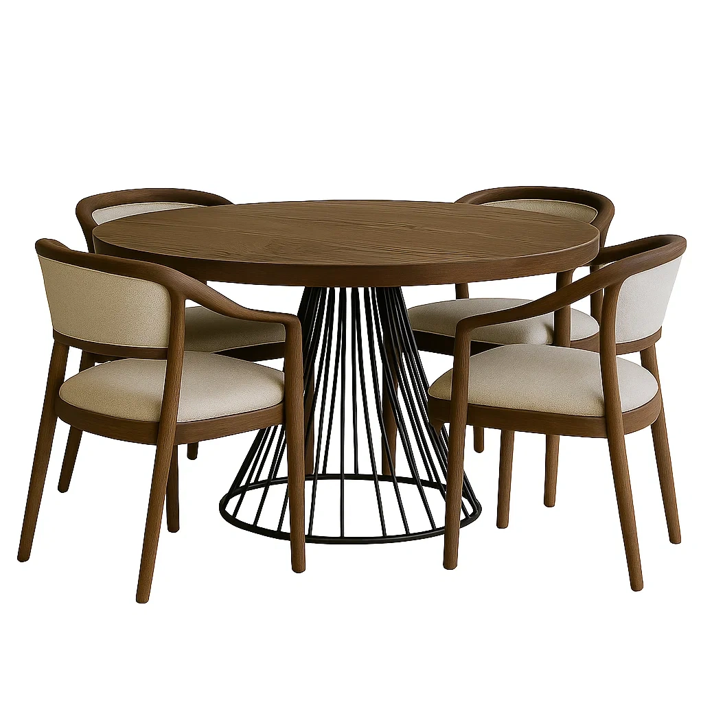 Spisest, 4 sder, tr og metal, brun og beige, rund, med polstrede stole, diameter 120x75 cm, spisestue - R4dmUIsdOpka