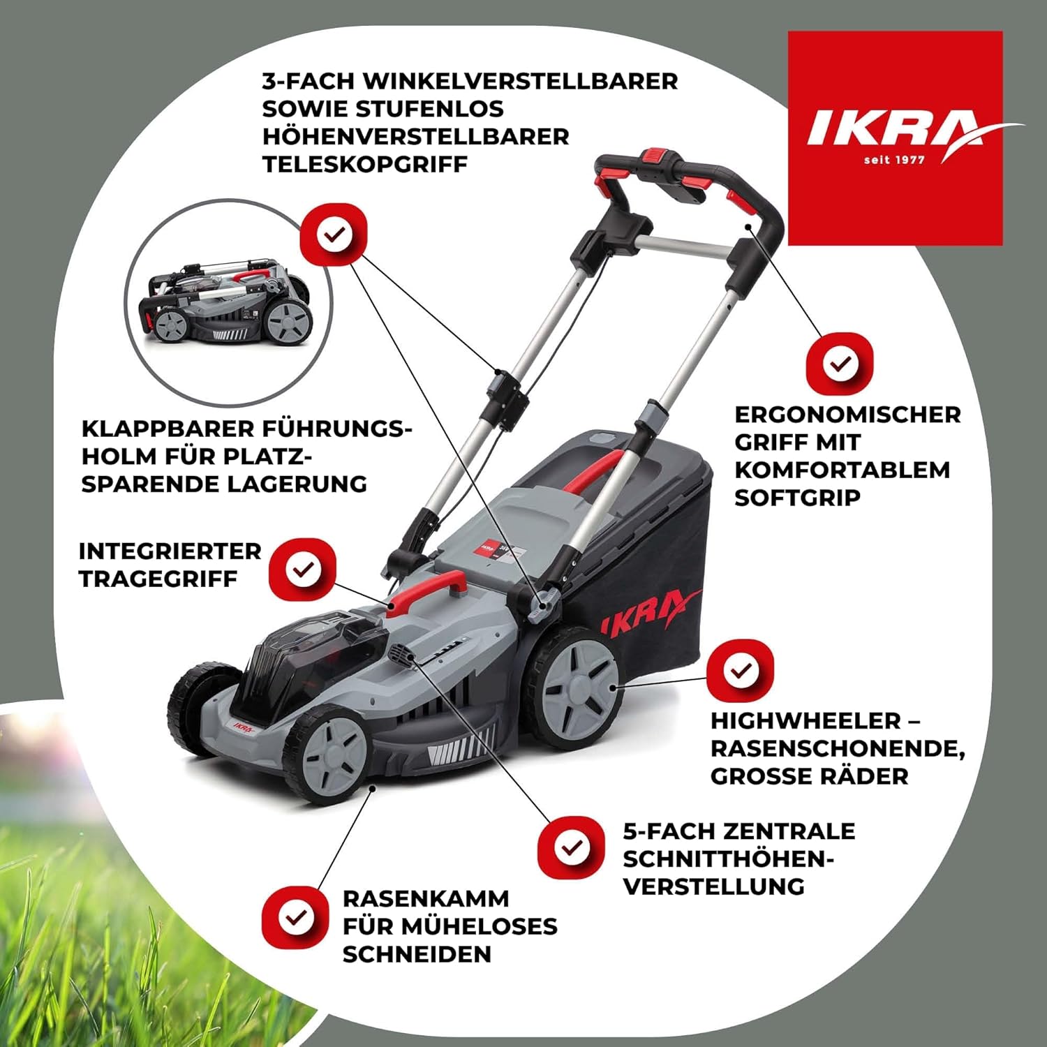 IKRA Bosch 36V Akku 3in1 Rasenmäher Mulchmäher IB-LM 43, Rasenflächen bis 600m2, Schnittbreite 43cm, Schnitthöhe 30-75mm, ohne Akku  und  Ladegerät
