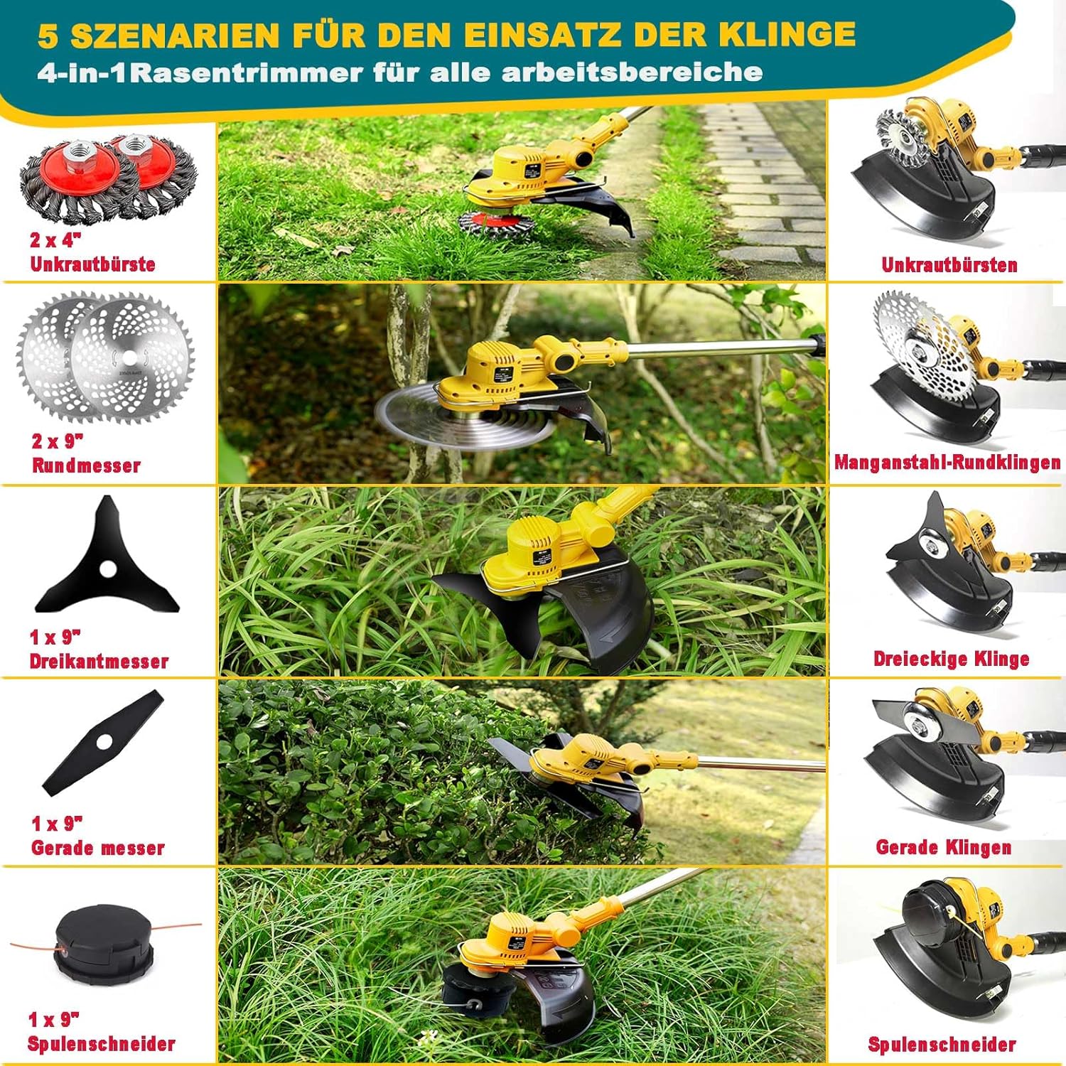 Akku Rasentrimmer mit Akku und Unkrautbürste, Rasentrimmer mit Akku mit 5 Klingentypen, 21 V Bürstenlose Freischneider Akku, mit 2 Akku 4.0Ah für Garden Trimmen (Grau)