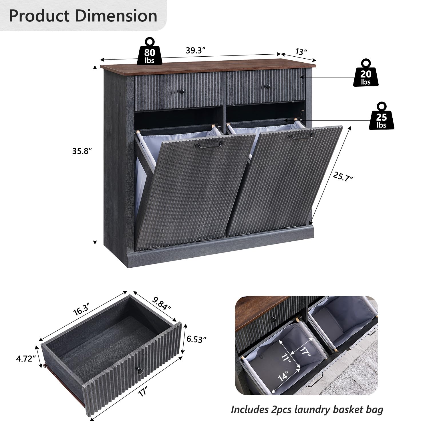IFGET Modern Double Tilt-Out Trash Cabinet, 20 Gallon Fluted Laundry Hamper Cabinet with 2 Drawers, Wooden Hidden Garbage Can Cabinet with Storage Basket, Free Standing for Kitchen & Living Room, Grey