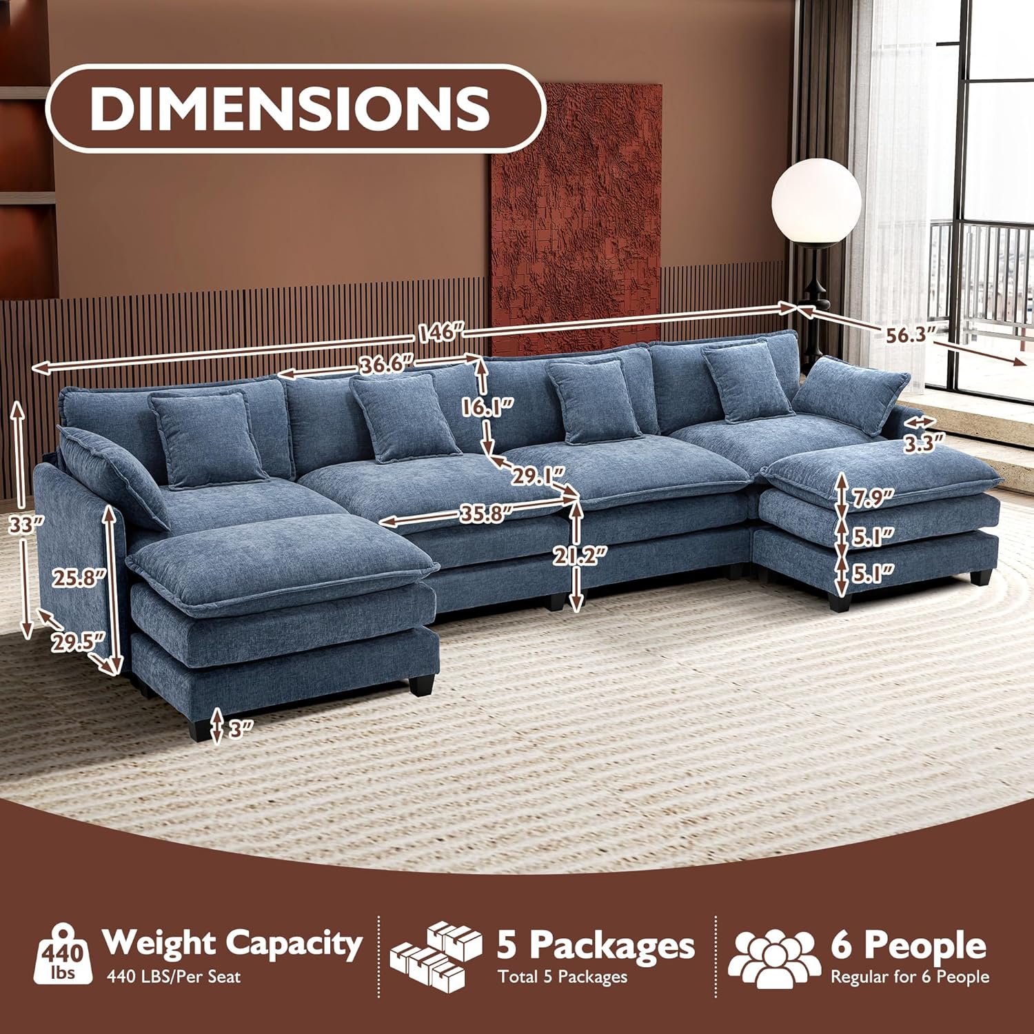 111.4 Inch L-Shaped Modern Sofa Modular Cloud Sofa Ottoman 4-Seater Chenille Deep Seat Sofa