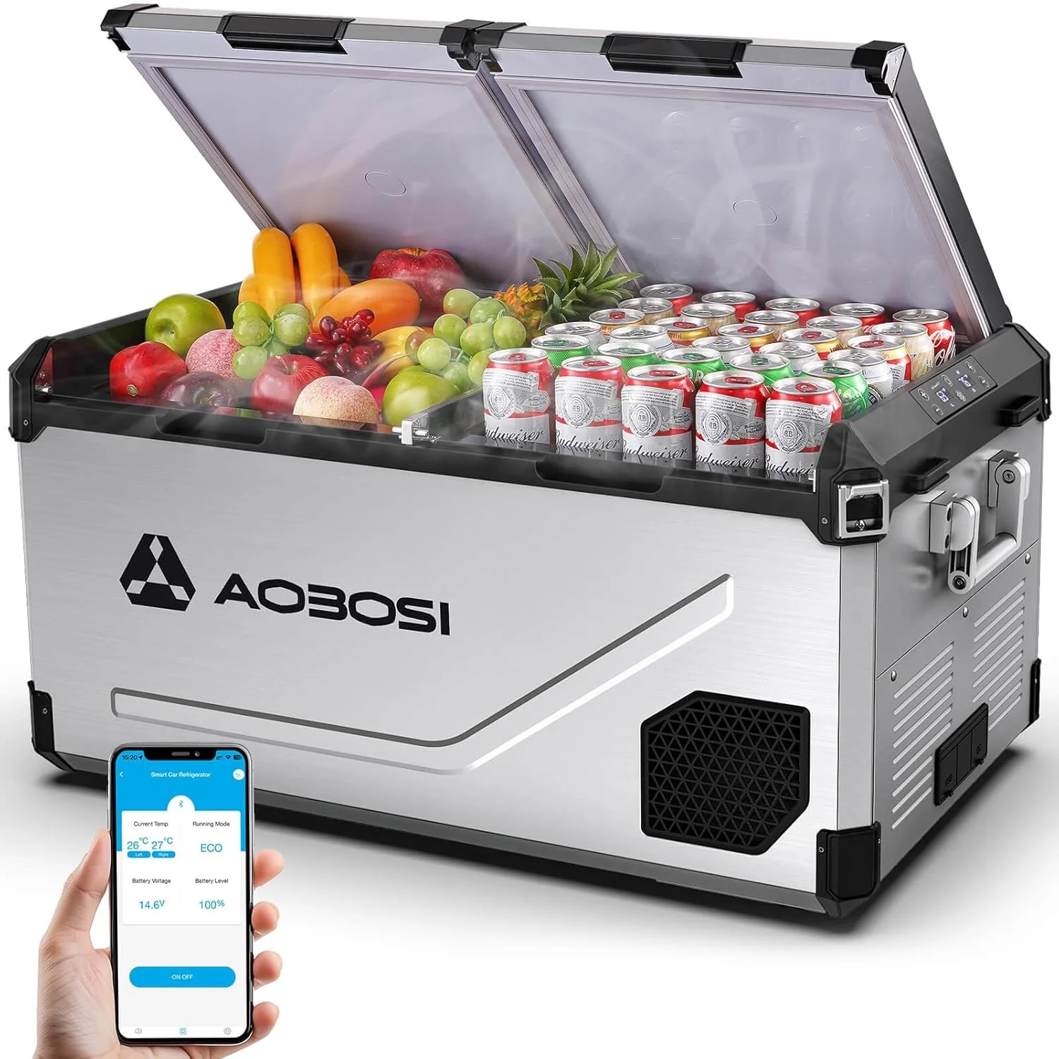 AAOBOSI 95 literes kompresszoros hűtőláda, kettős zónás, akár -20℃, rozsdamentes acél ház és alumínium belső, 12/24V DC és 230V AC, kompresszoros hűtőláda autóba, hajóba, kempingezéshez és terepre