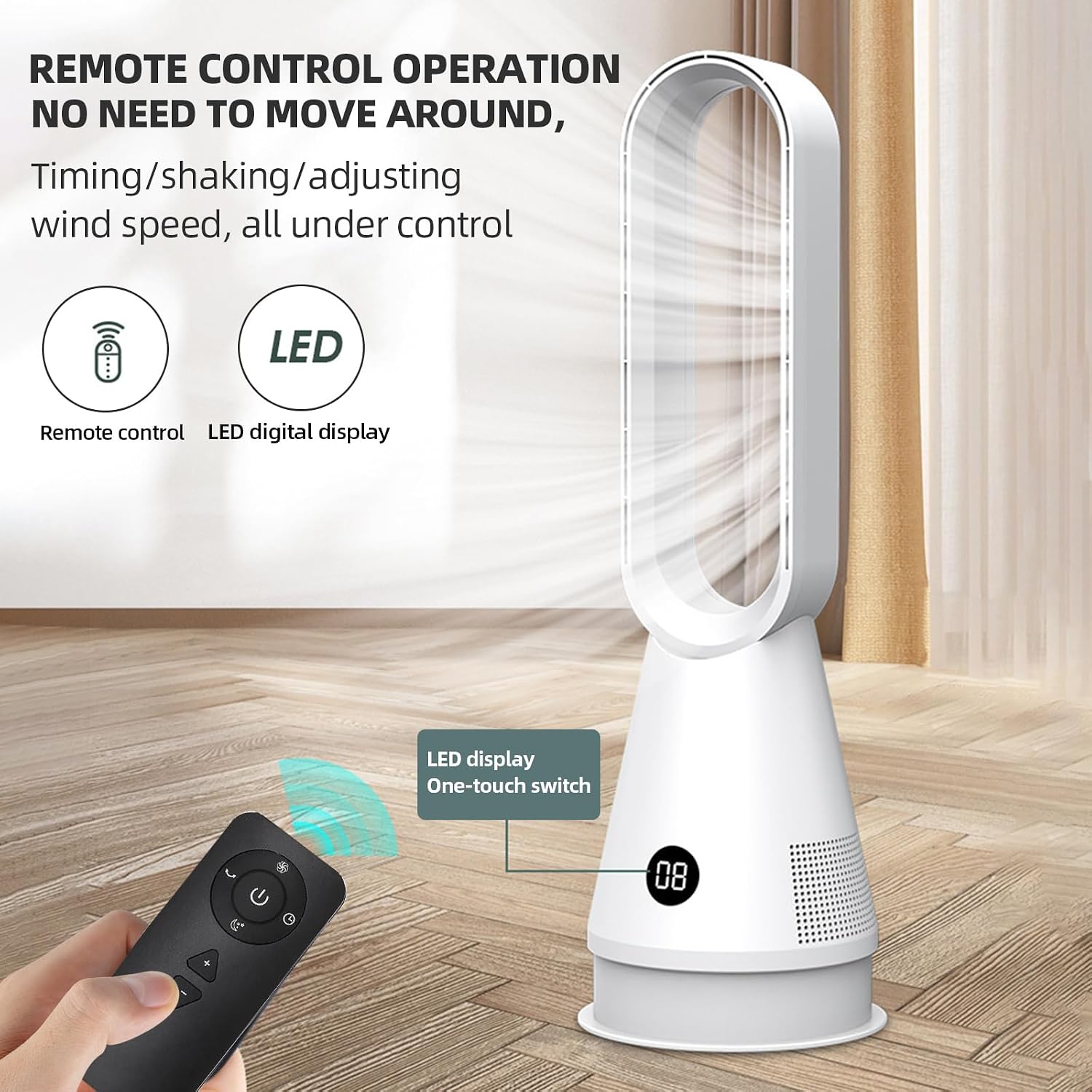 Rotorloser Ventilator,Turmventilator sehr leise & Luftreiniger,mit Fernbedienung, 8 Geschwindigkeiten,90° Oszillation, 9h Timer,oszillierender Raumkühler für Schlafzimmer, Büro (Weiß)