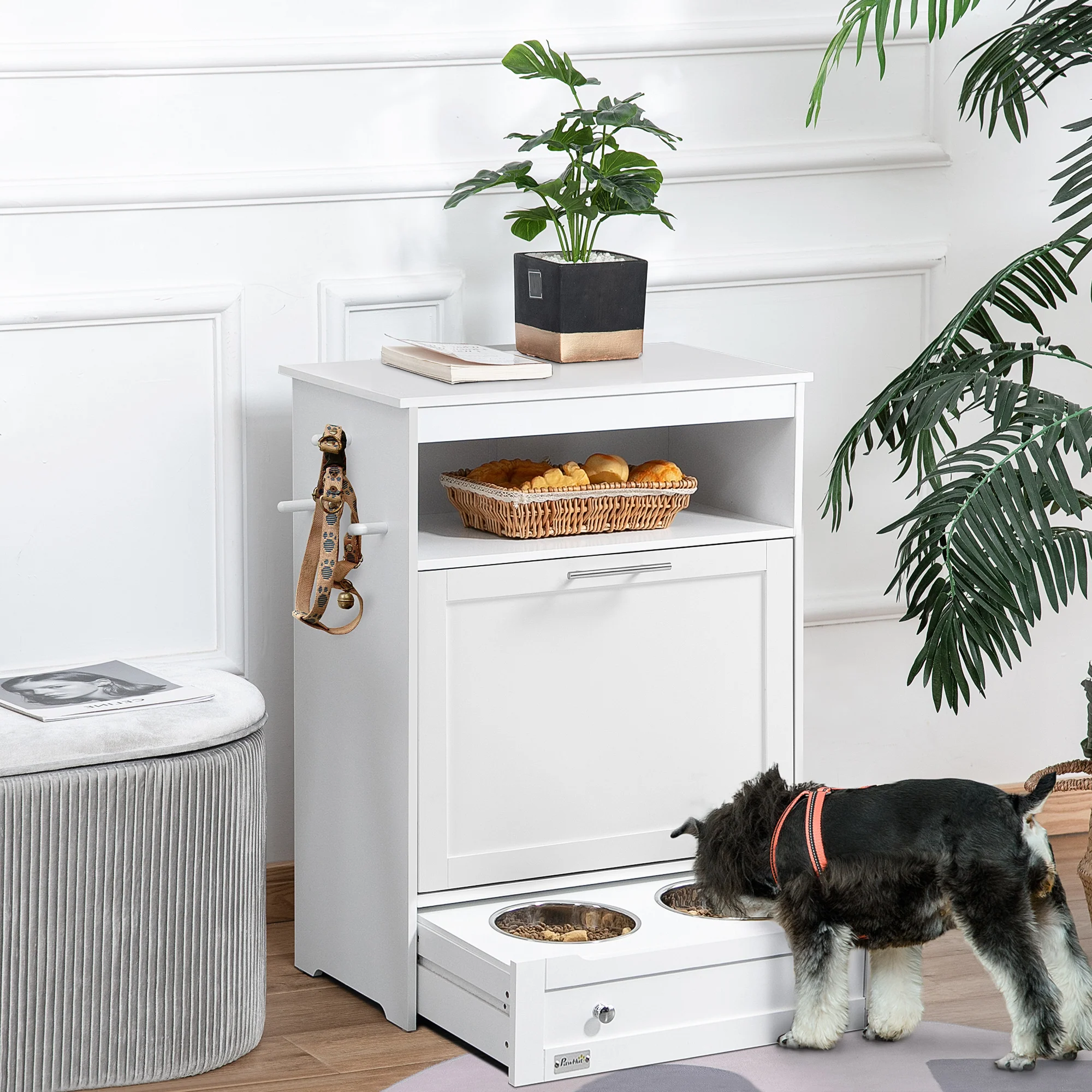 PawHut Futterstation Hund mit Schublade und Aufbewahrung Weiß