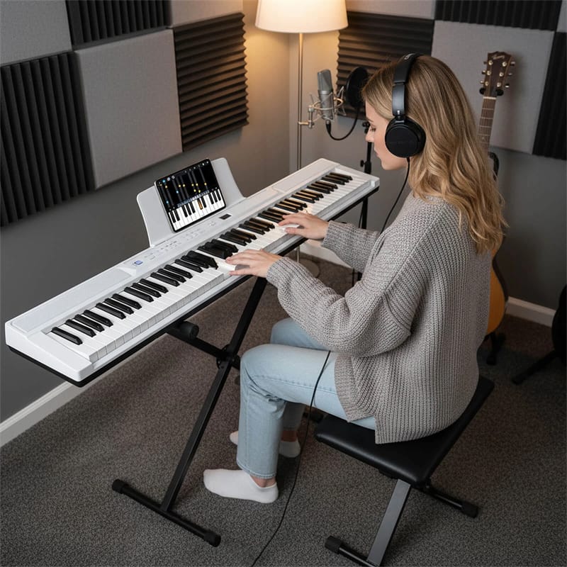 88 Key Electric Piano Keyboard Set with Adjustable Stand & Stool, Lighted Full Size Sensitive Keys, Sustain Pedal, Portable Bag for Beginners