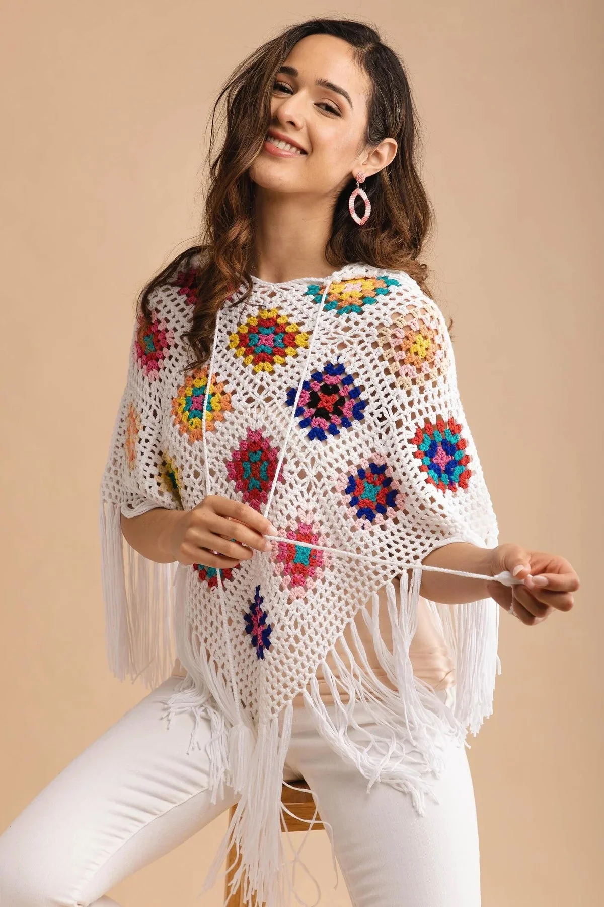 White Square Crochet Poncho
