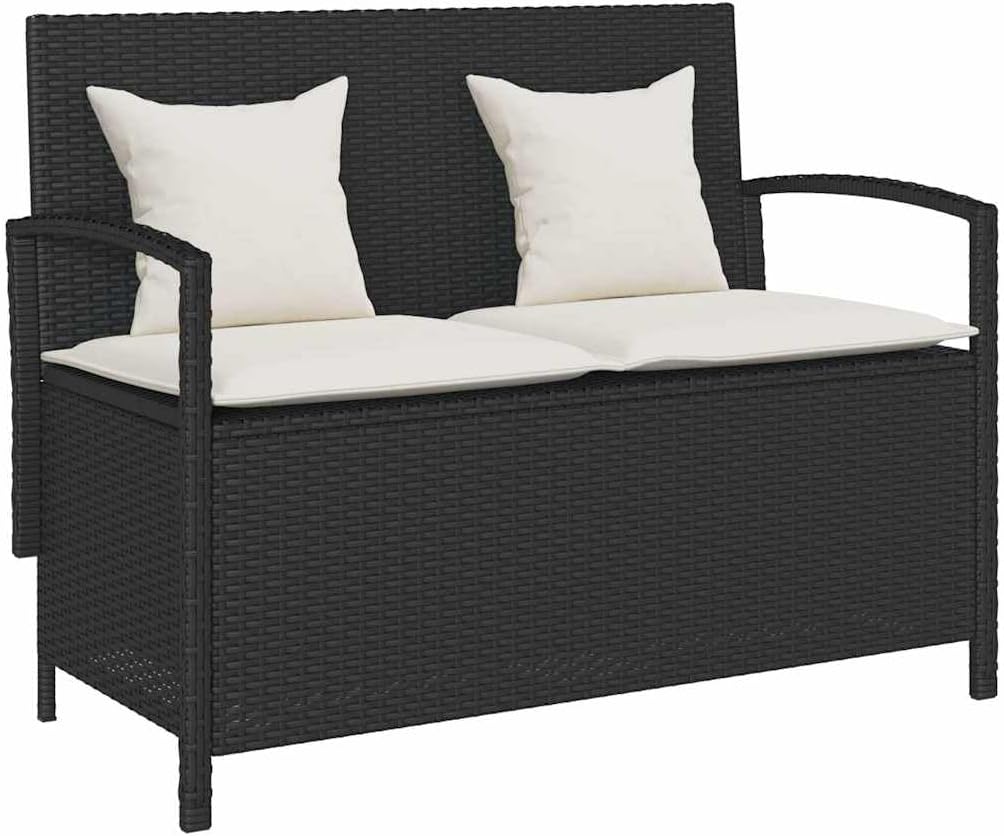 vidaXL Gartenbank mit Stauraum und Kissen Schwarz Poly Rattan, Gartenbank, Parkbank, Outdoor-Bank, Sitzbank, Terrassenbank, Außenbank, Gartenmöbel