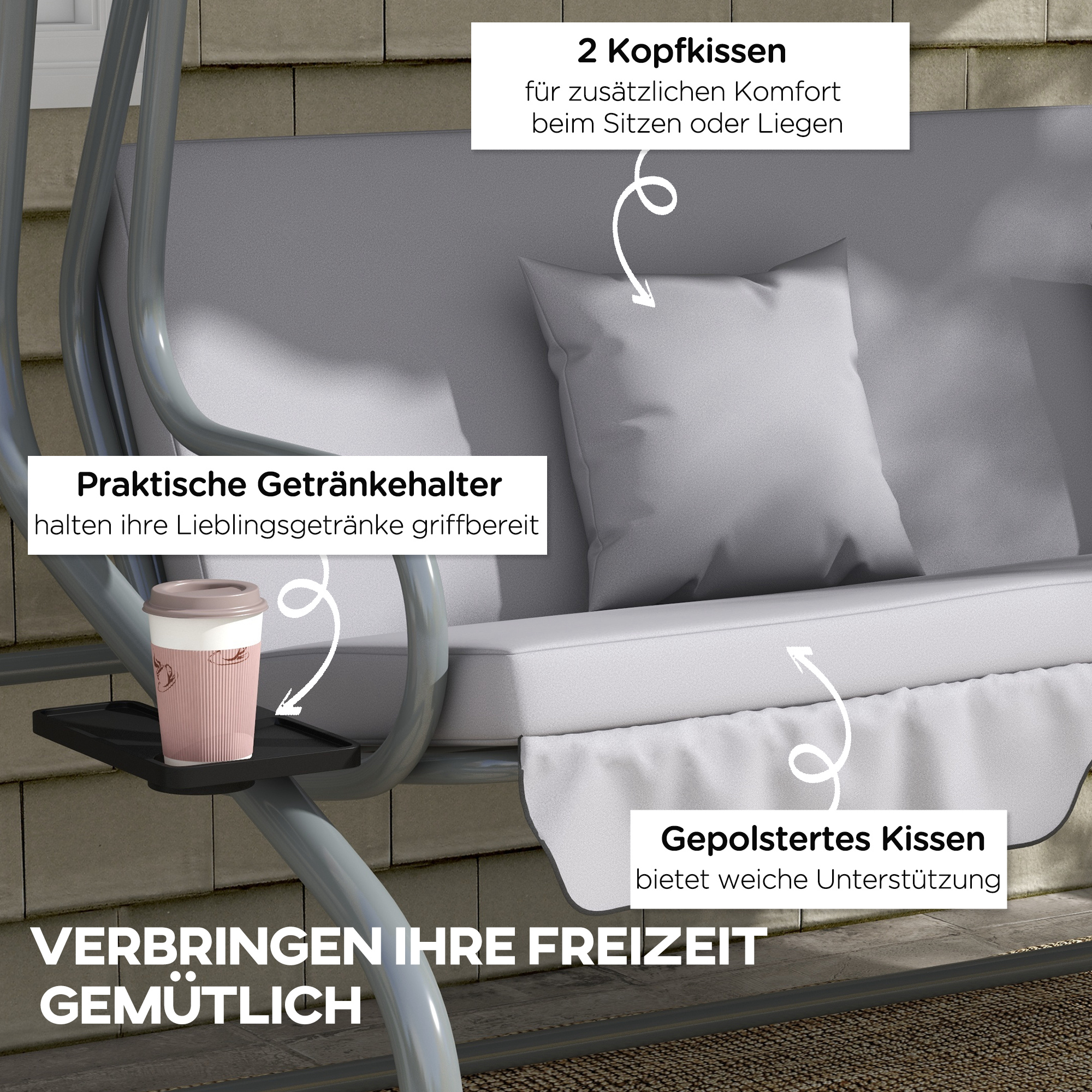 Outsunny 2-in-1 Hollywoodschommel met Ligfunctie, Verstelbaar Dak, tot 340 kg, Staal, 200x120x164 cm, Grijs